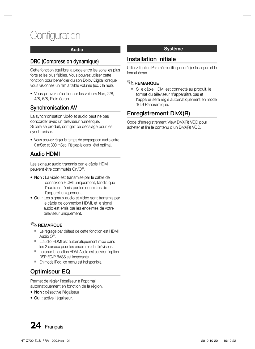 Samsung HT-C720/XEF manual DRC Compression dynamique, Synchronisation AV, Audio Hdmi, Optimiseur EQ, Installation initiale 