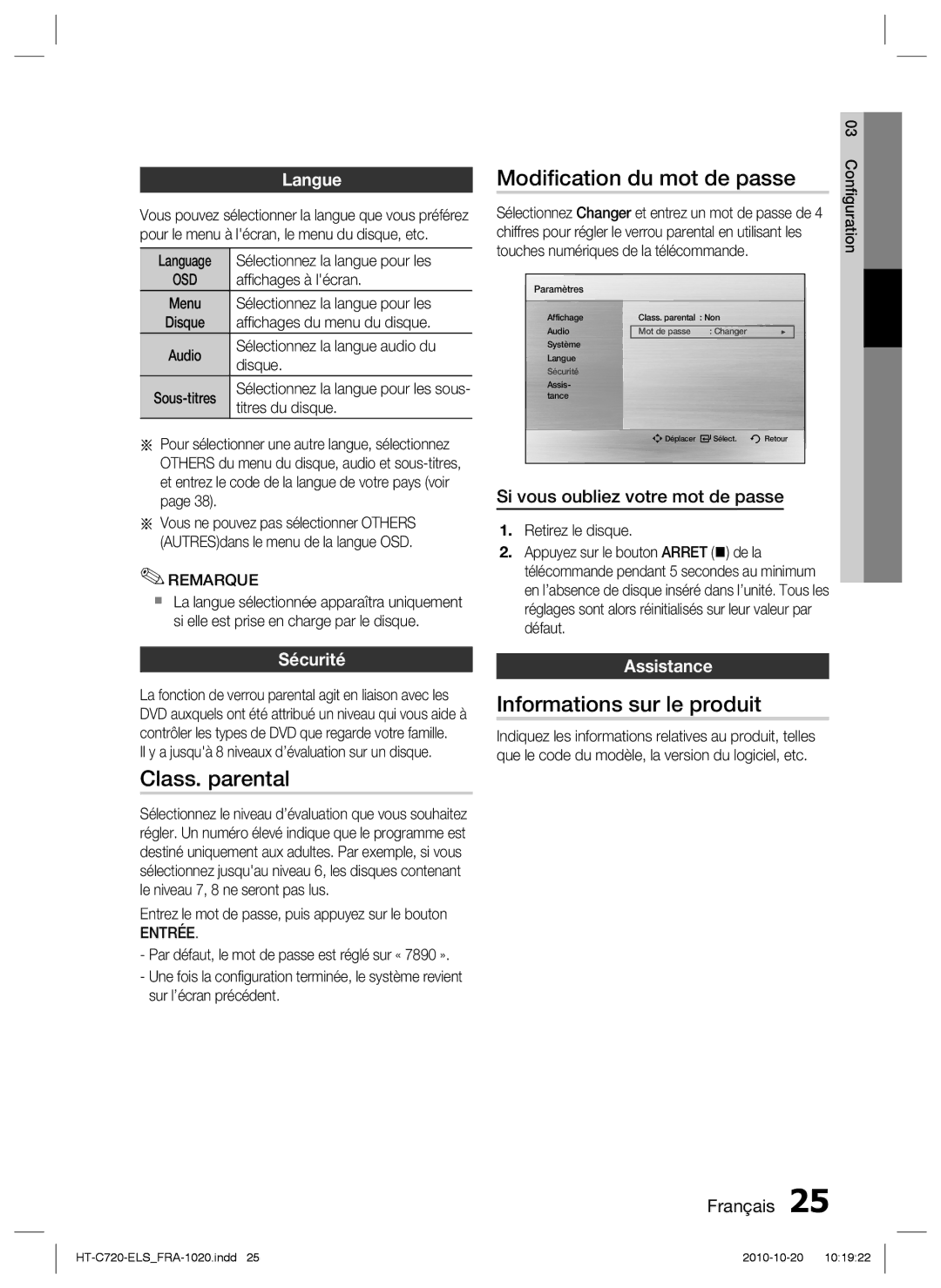 Samsung HT-C720/XEF manual Modiﬁcation du mot de passe, Class. parental, Informations sur le produit 