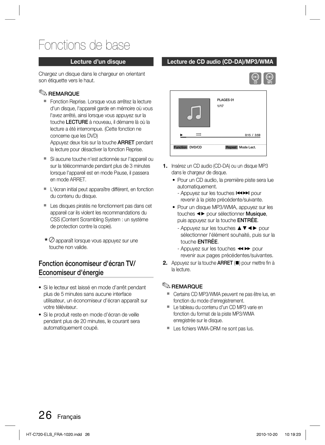 Samsung HT-C720/XEF manual Fonctions de base, Lecture d’un disque, Lecture de CD audio CD-DA/MP3/WMA 