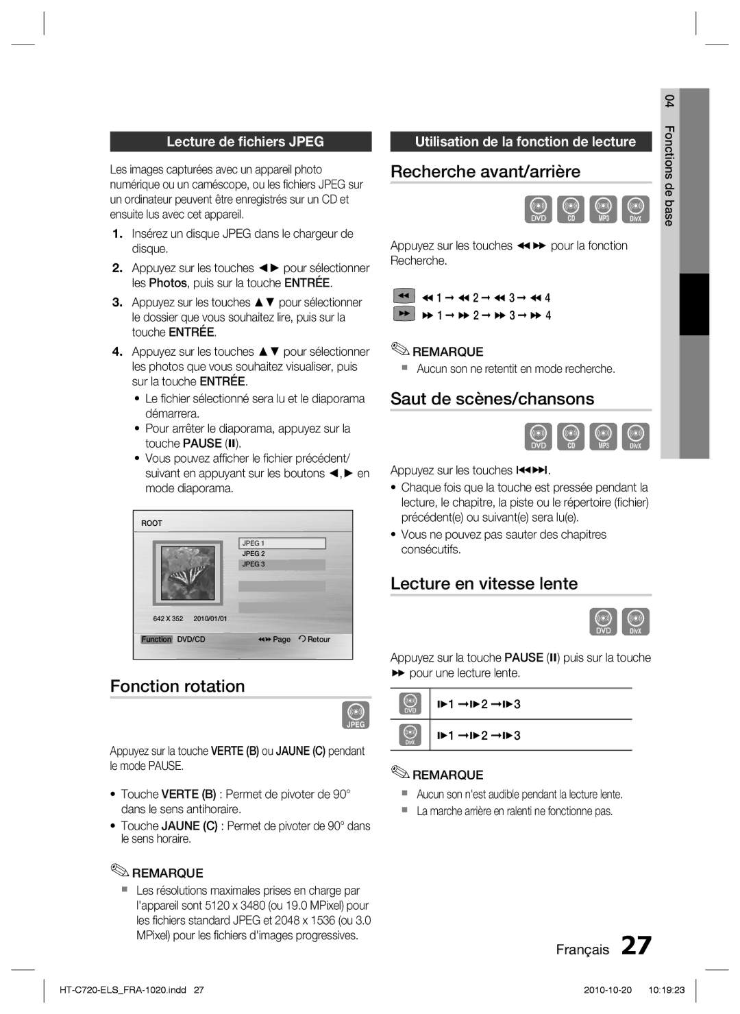 Samsung HT-C720/XEF manual Fonction rotation, Recherche avant/arrière, Saut de scènes/chansons, Lecture en vitesse lente 