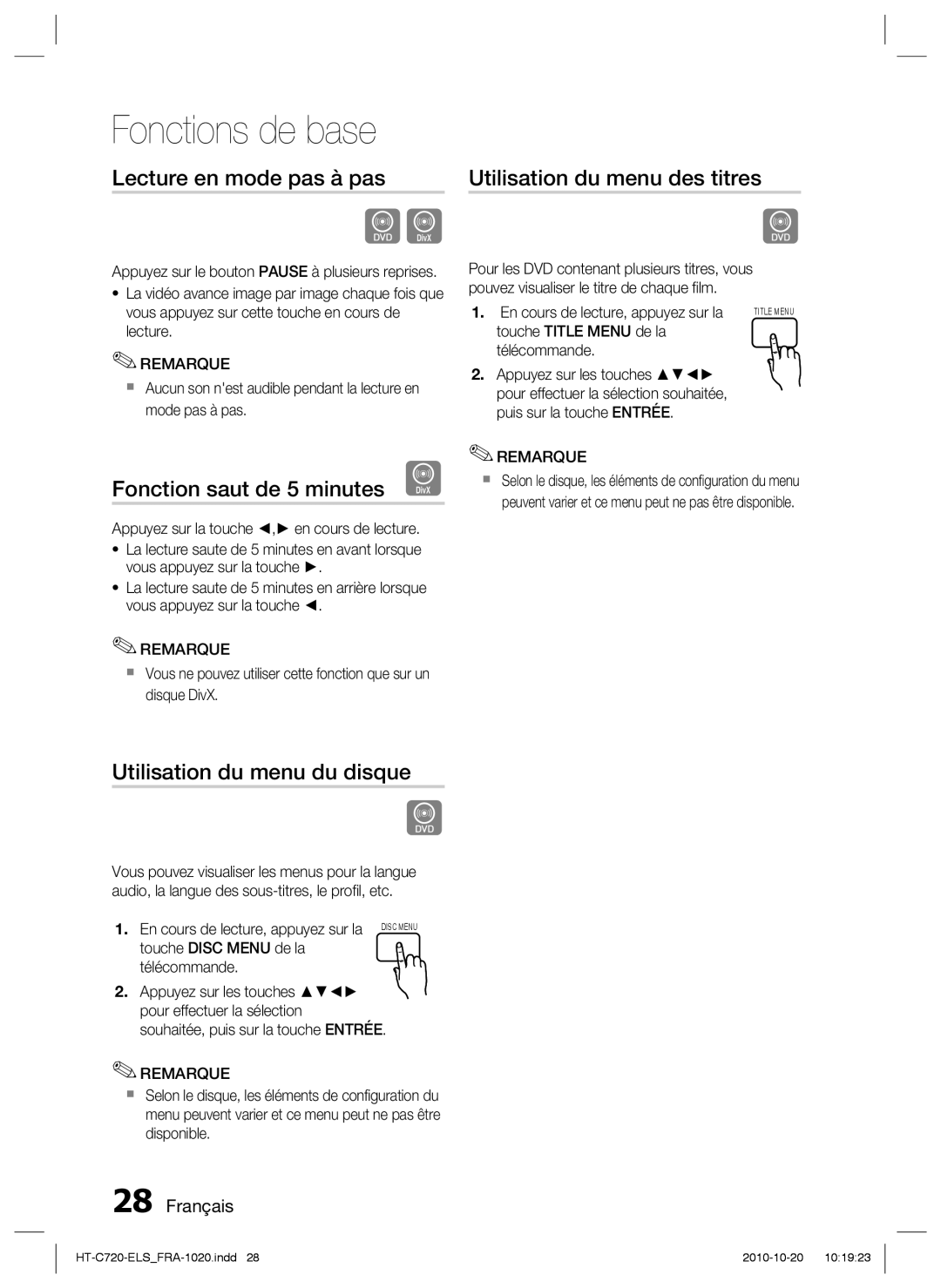 Samsung HT-C720/XEF manual Lecture en mode pas à pas, Fonction saut de 5 minutes D, Utilisation du menu des titres 