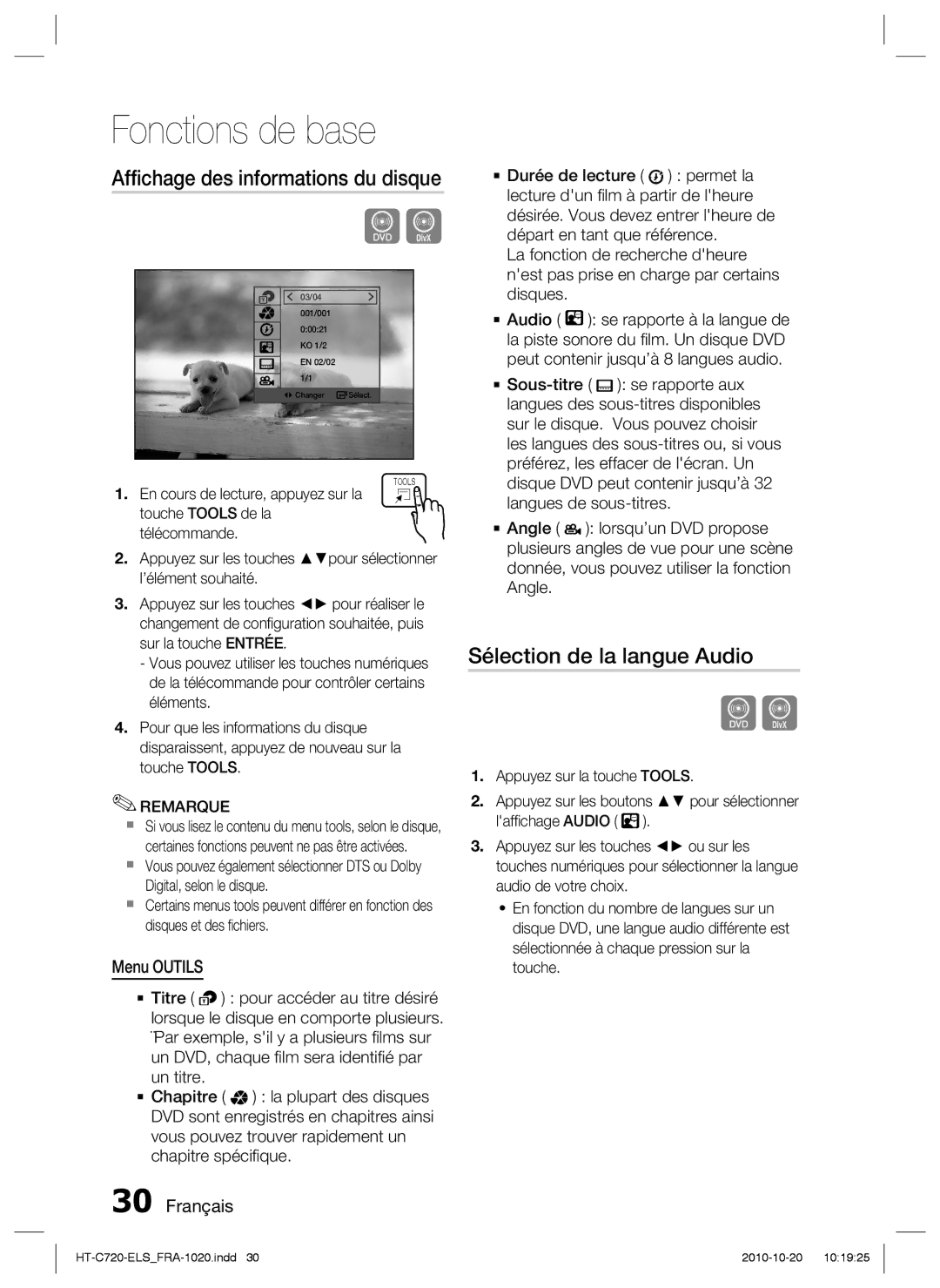 Samsung HT-C720/XEF manual Afﬁchage des informations du disque, Sélection de la langue Audio, Menu Outils 