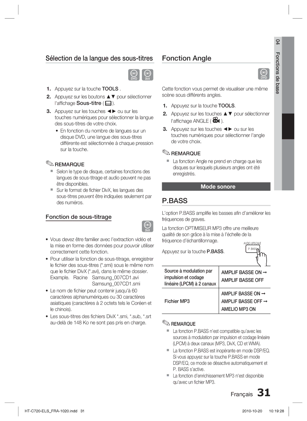 Samsung HT-C720/XEF manual Fonction Angle, Fonction de sous-titrage, Mode sonore 