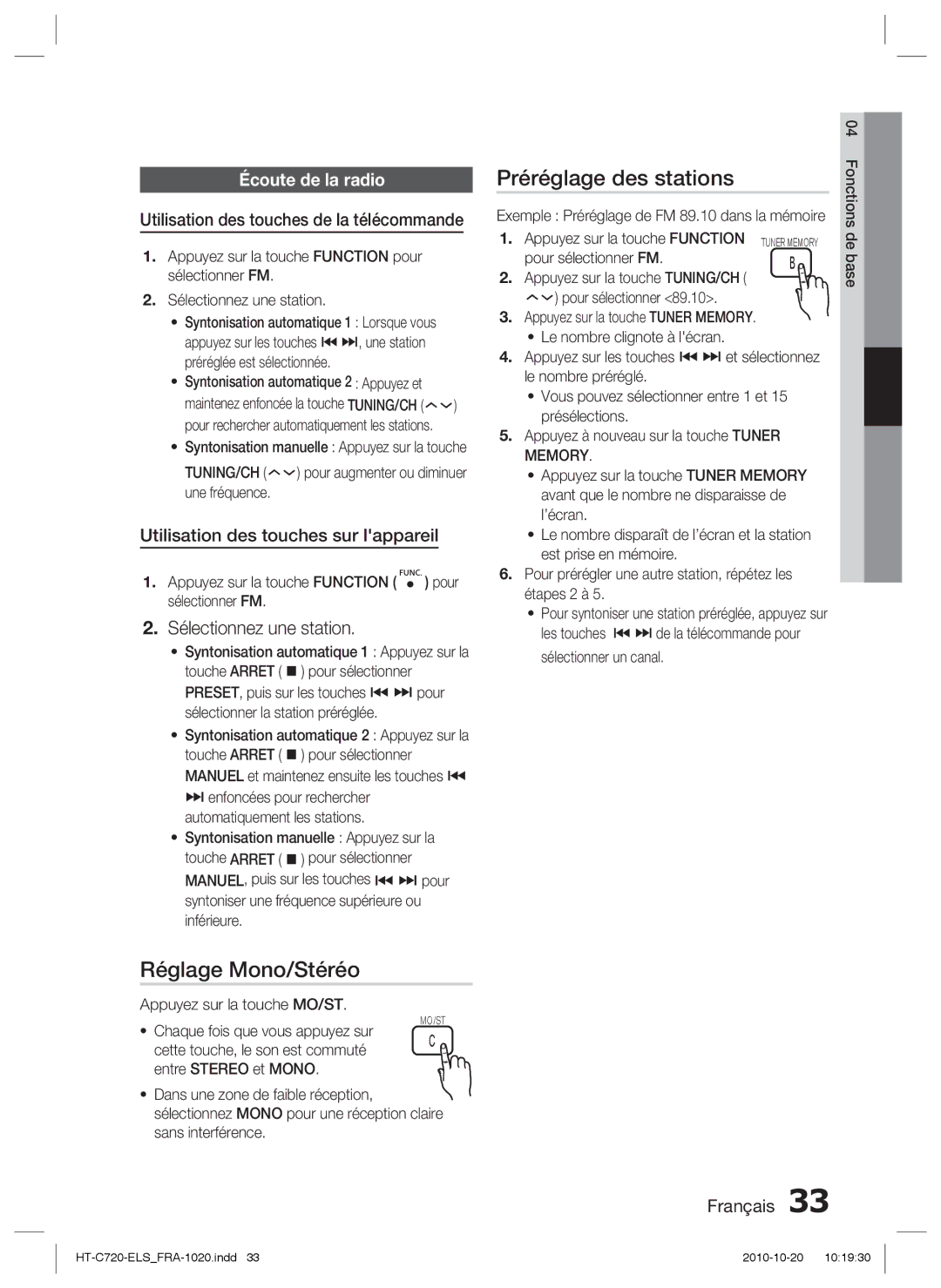 Samsung HT-C720/XEF manual Préréglage des stations, Réglage Mono/Stéréo, Sélectionnez une station, Écoute de la radio 