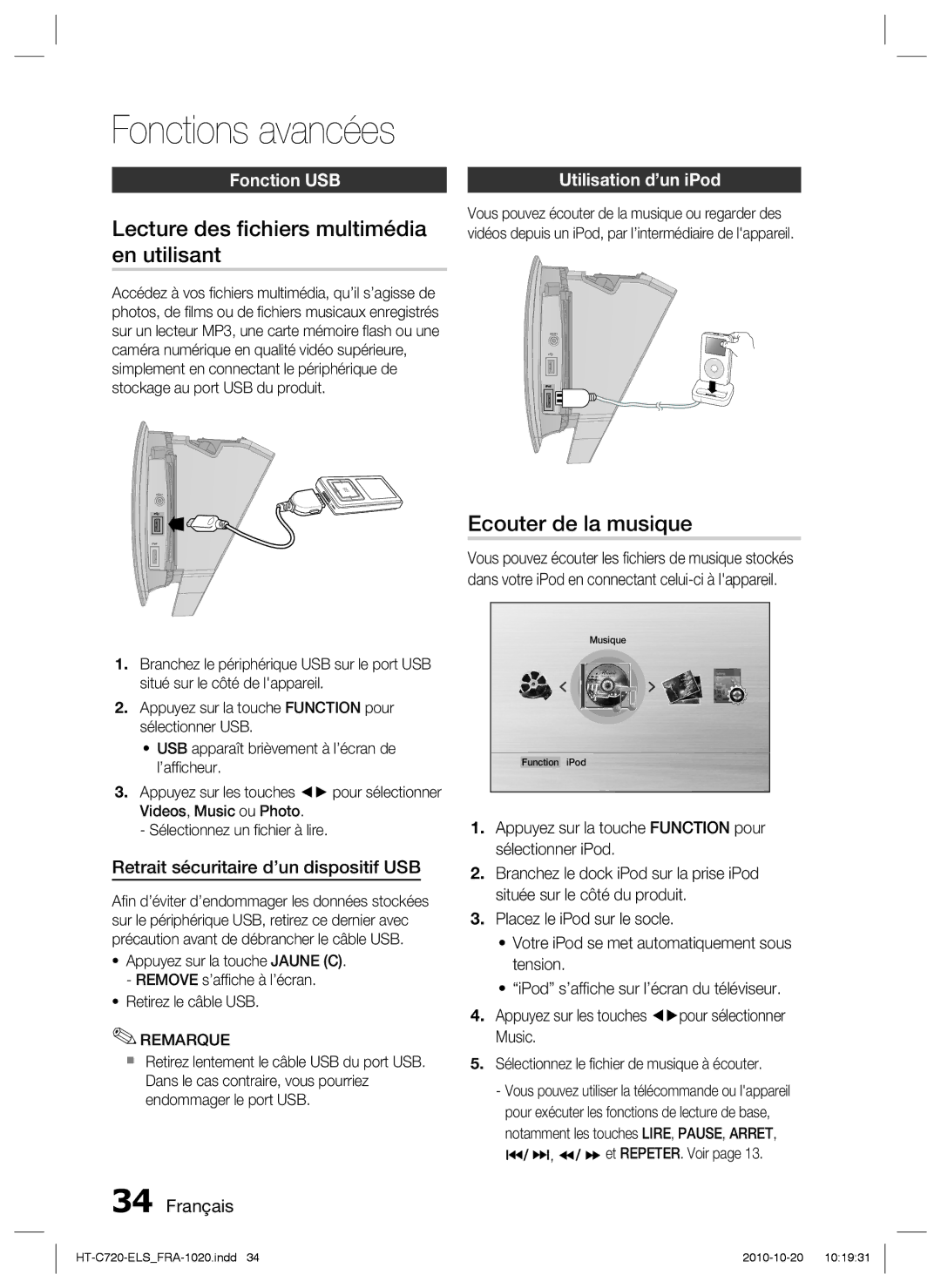 Samsung HT-C720/XEF manual Lecture des ﬁchiers multimédia en utilisant, Ecouter de la musique, Fonction USB 