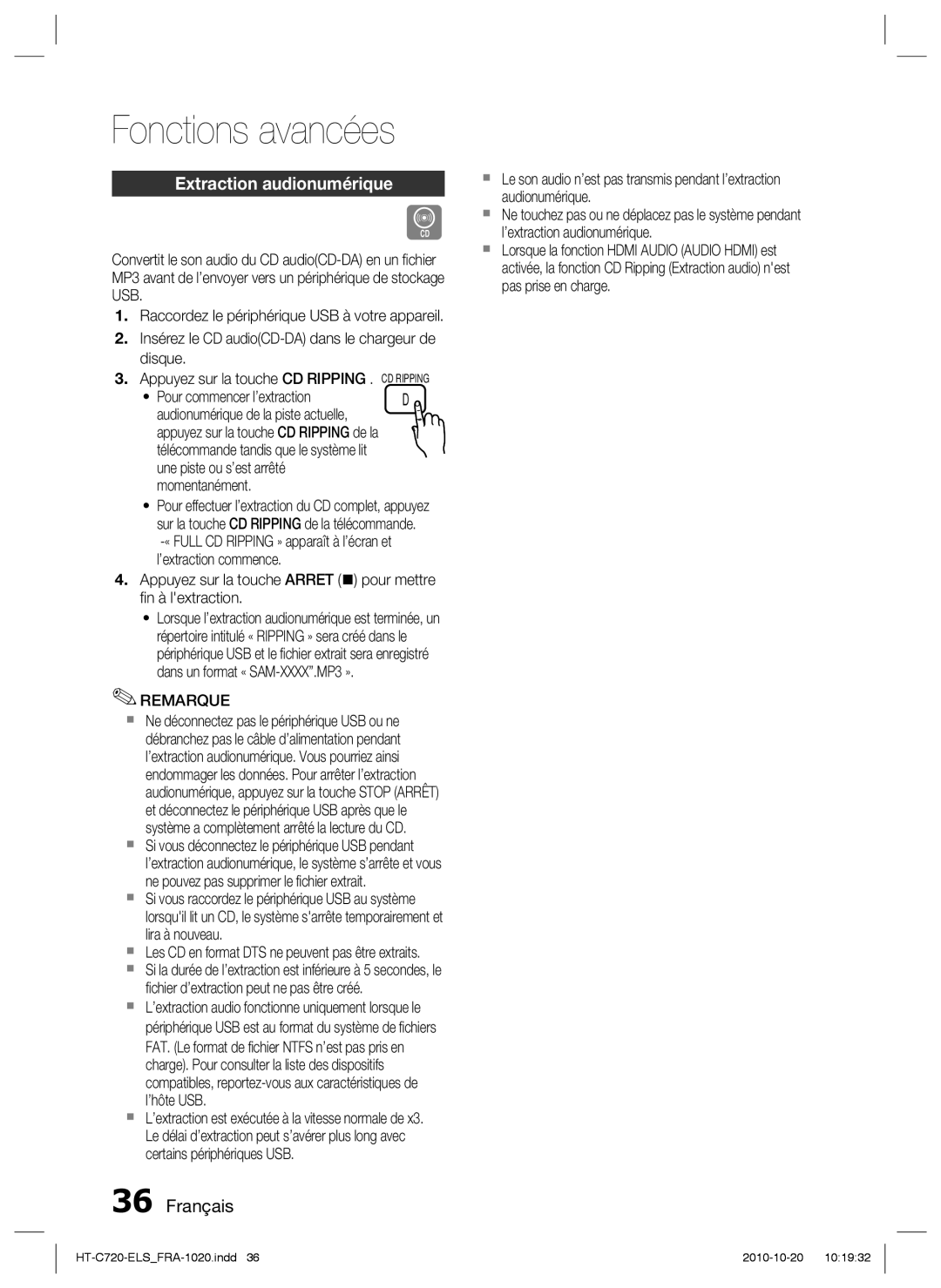 Samsung HT-C720/XEF manual Fonctions avancées, Extraction audionumérique, Une piste ou s’est arrêté Momentanément 