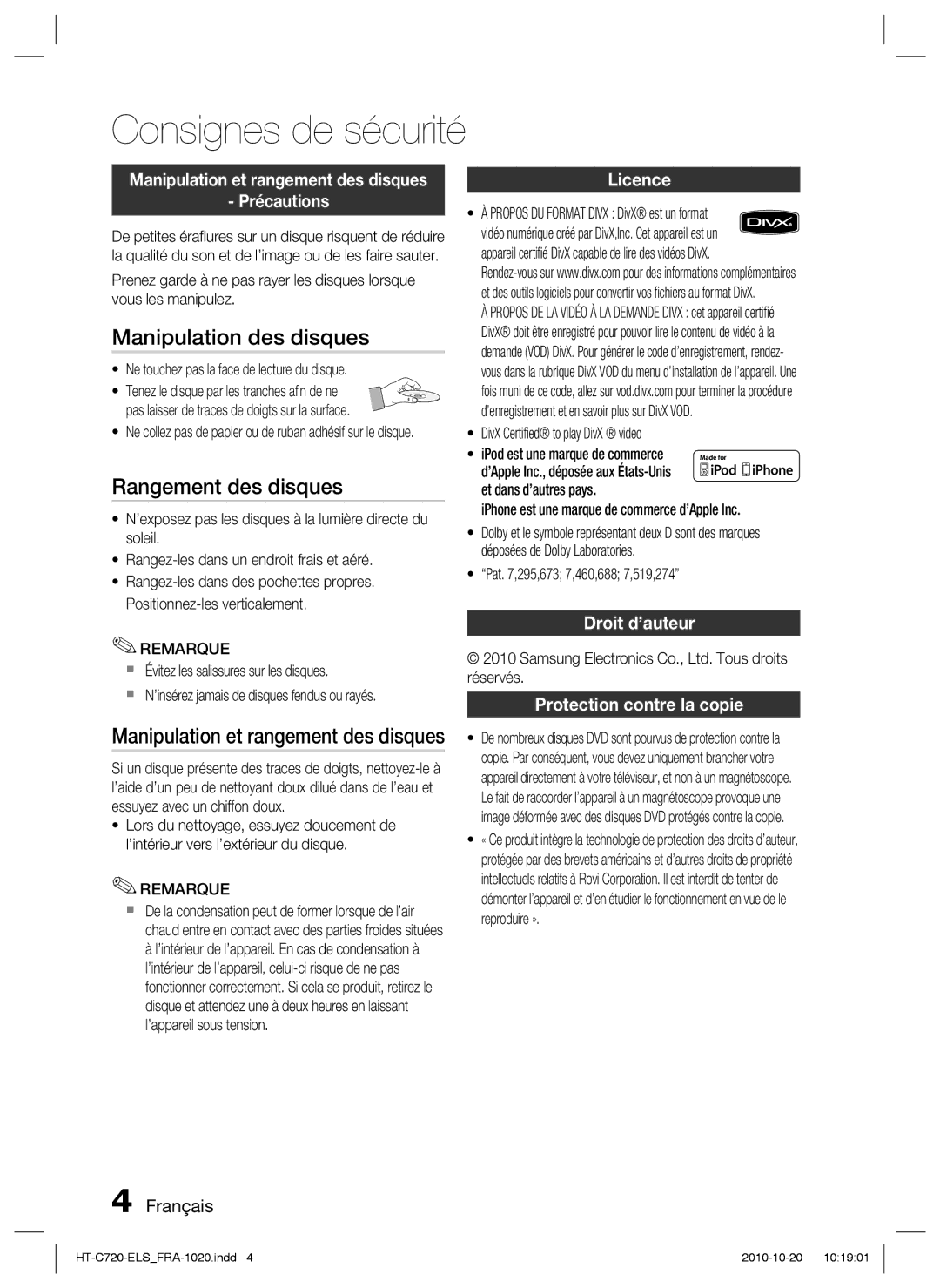 Samsung HT-C720/XEF manual Manipulation des disques, Rangement des disques, Manipulation et rangement des disques 