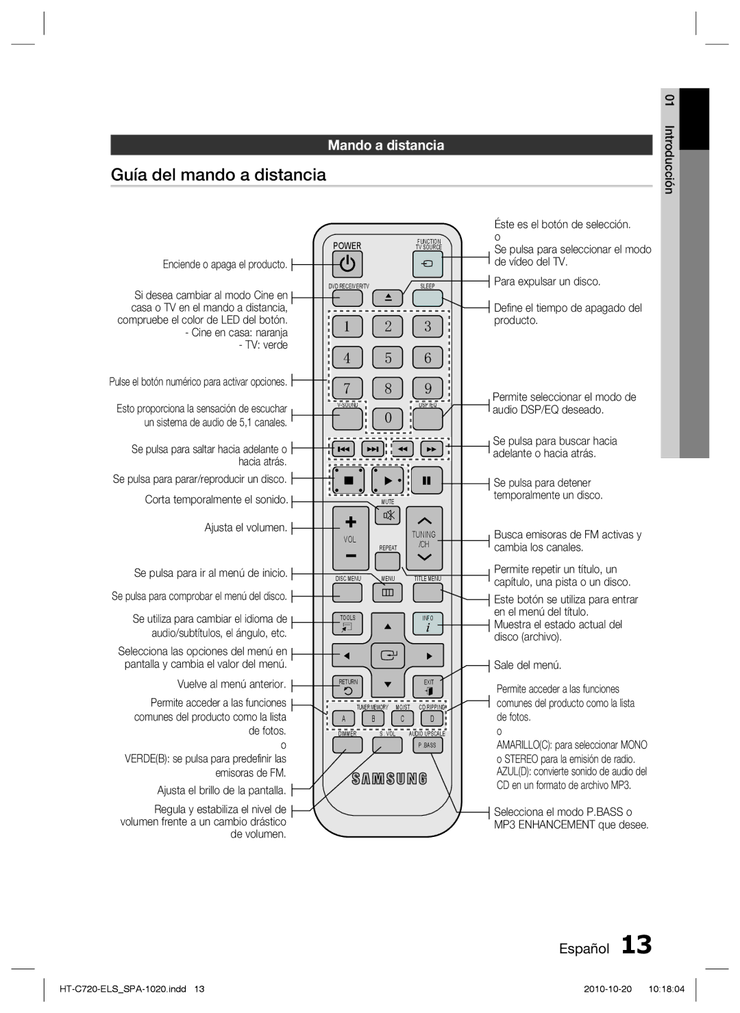 Samsung HT-C720/XEF manual Guía del mando a distancia, Mando a distancia 