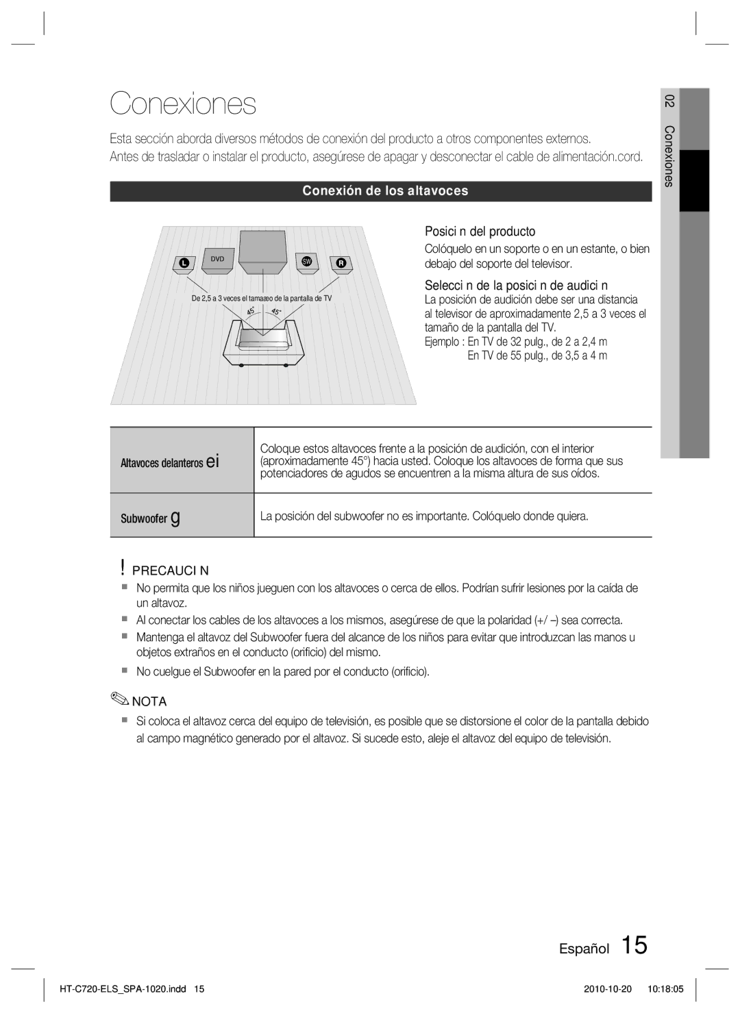 Samsung HT-C720/XEF manual Conexiones, Conexión de los altavoces, Precaución 