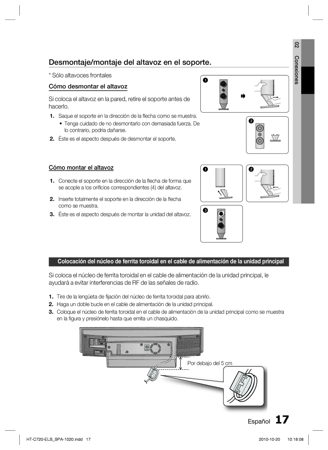 Samsung HT-C720/XEF manual Desmontaje/montaje del altavoz en el soporte, Cómo montar el altavoz, Por debajo del 5 cm 