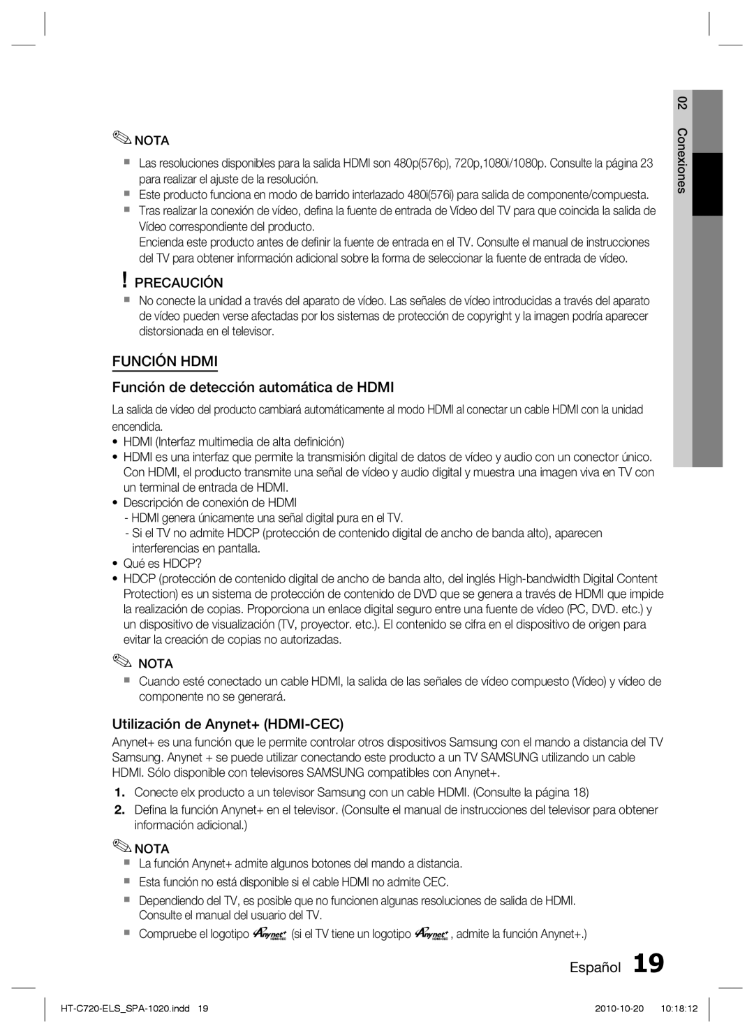 Samsung HT-C720/XEF manual Función de detección automática de Hdmi, Utilización de Anynet+ HDMI-CEC 