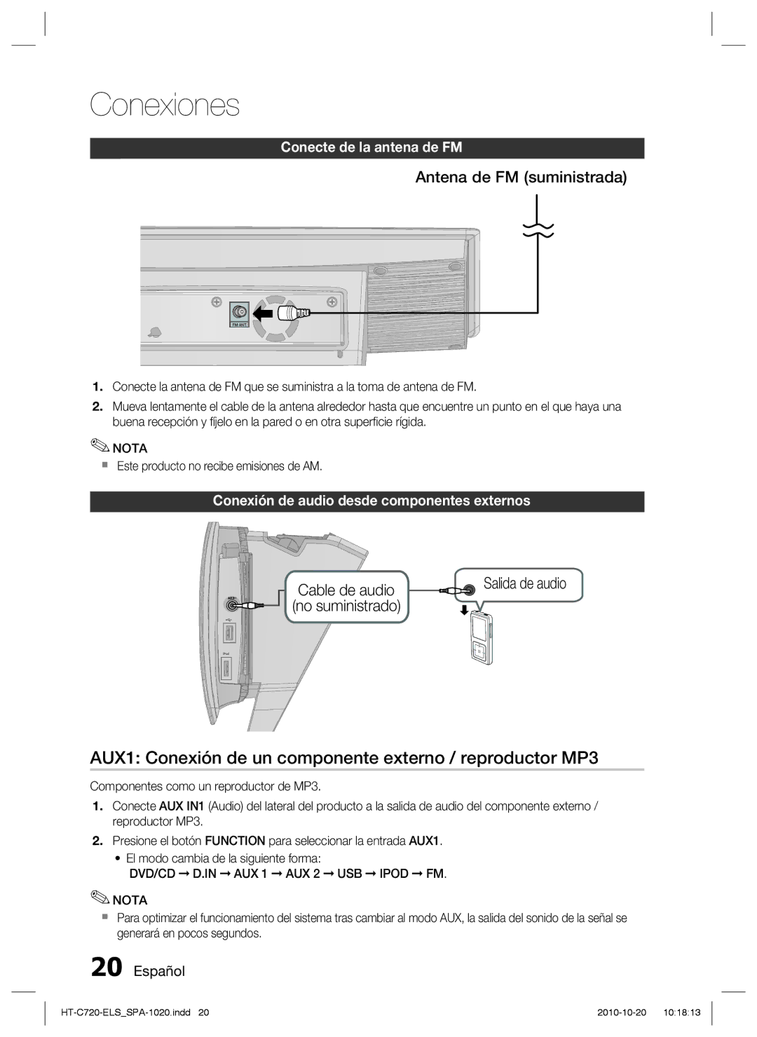 Samsung HT-C720/XEF manual AUX1 Conexión de un componente externo / reproductor MP3, Antena de FM suministrada 