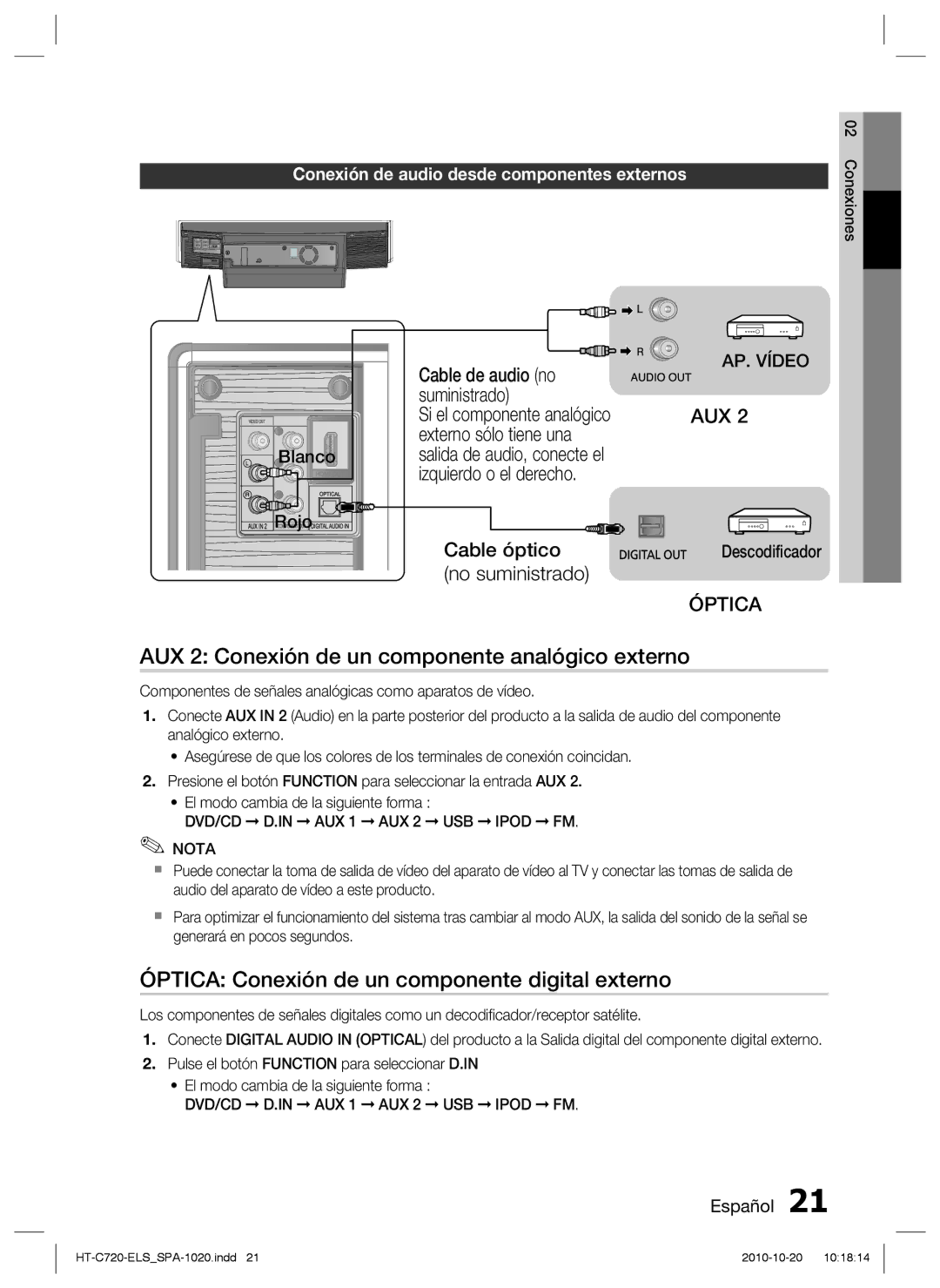 Samsung HT-C720/XEF AUX 2 Conexión de un componente analógico externo, Óptica Conexión de un componente digital externo 