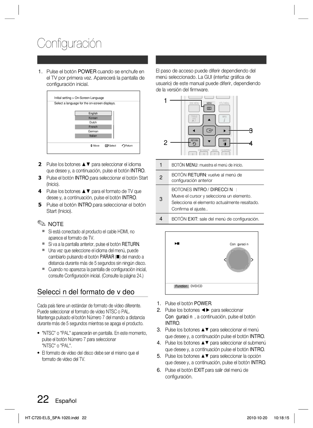 Samsung HT-C720/XEF manual Conﬁguración, Selección del formato de vídeo, Antes de empezar Ajuste inicial, Intro 