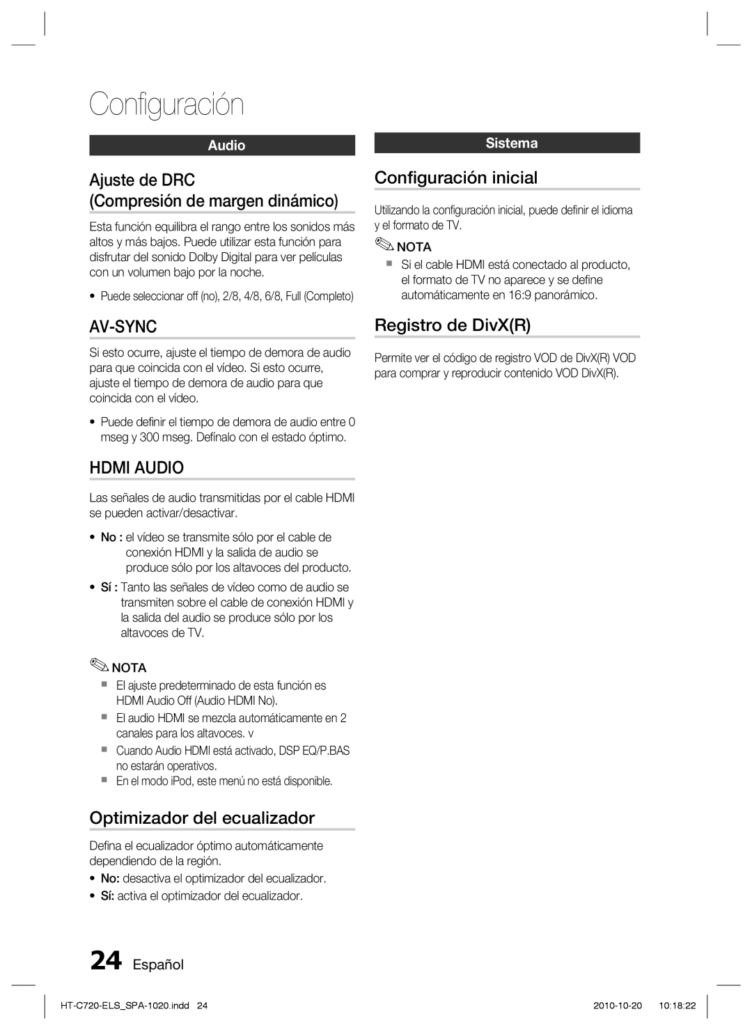 Samsung HT-C720/XEF Ajuste de DRC Compresión de margen dinámico, Conﬁguración inicial, Optimizador del ecualizador, Audio 