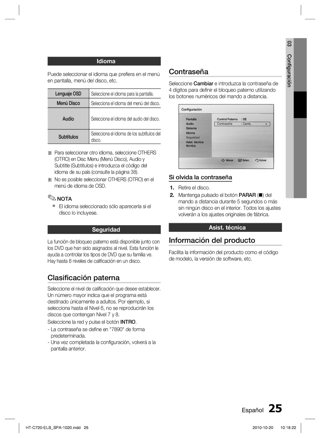 Samsung HT-C720/XEF manual Contraseña, Clasiﬁcación paterna, Información del producto 