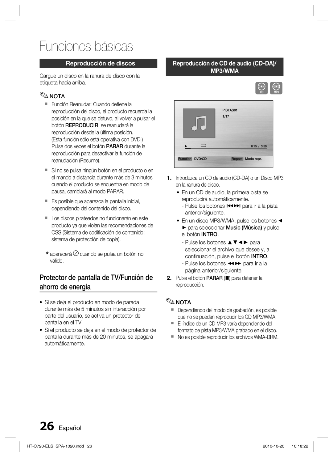 Samsung HT-C720/XEF Funciones básicas, Protector de pantalla de TV/Función de ahorro de energía, Reproducción de discos 