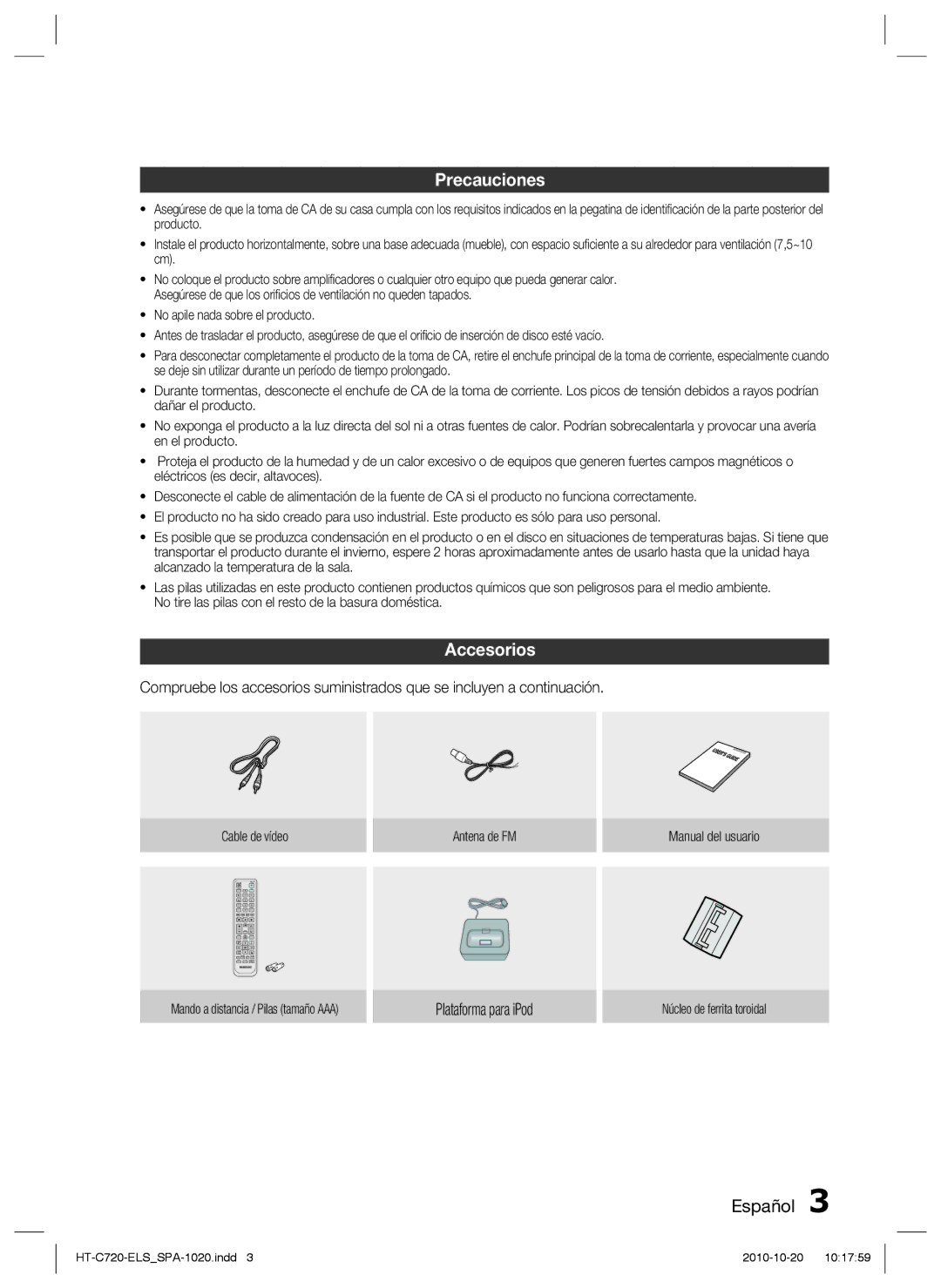 Samsung HT-C720/XEF manual Precauciones, Accesorios, Plataforma para iPod, Núcleo de ferrita toroidal 