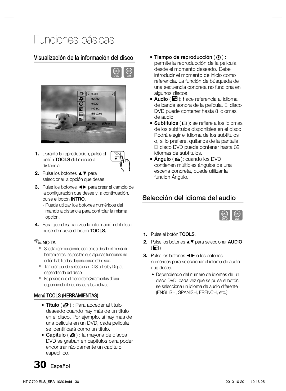 Samsung HT-C720/XEF Selección del idioma del audio, Visualización de la información del disco, Menú Tools Herramientas 