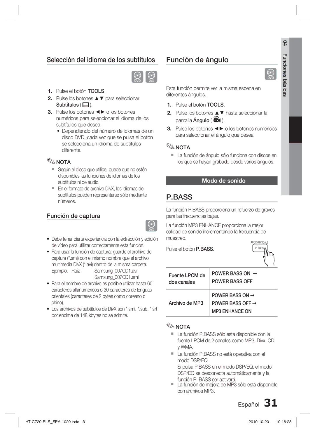 Samsung HT-C720/XEF manual Función de ángulo, Función de captura, Modo de sonido 