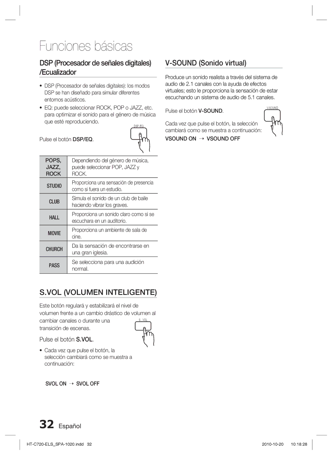 Samsung HT-C720/XEF manual DSP Procesador de señales digitales /Ecualizador, Sound Sonido virtual, Pulse el botón S.VOL 