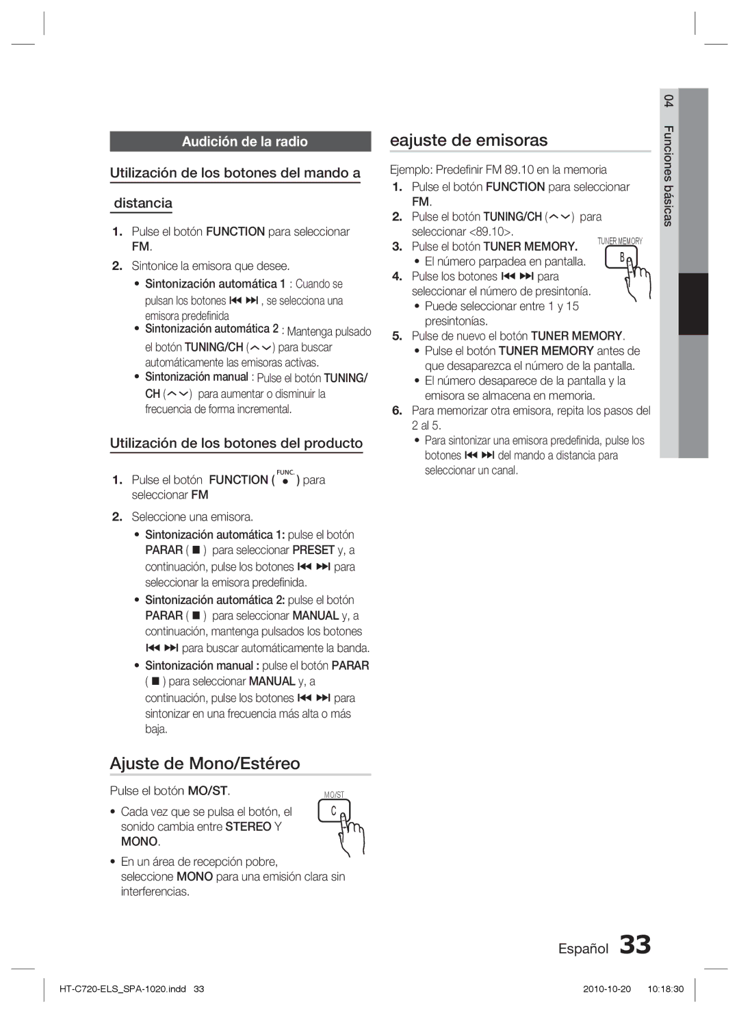 Samsung HT-C720/XEF manual Eajuste de emisoras, Ajuste de Mono/Estéreo, Audición de la radio 