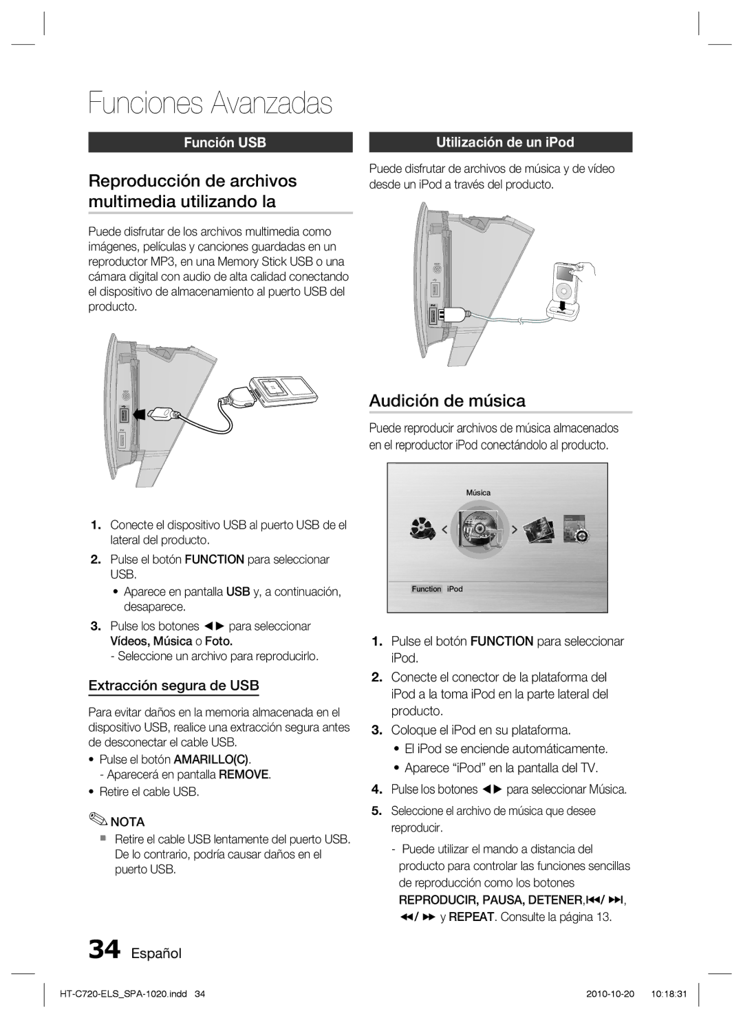 Samsung HT-C720/XEF manual Reproducción de archivos multimedia utilizando la, Audición de música, Función USB 