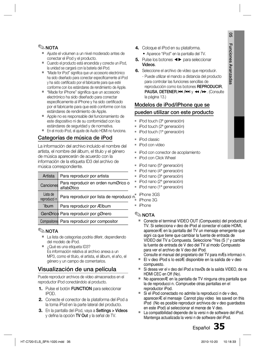 Samsung HT-C720/XEF manual Visualización de una película, Categorías de música de iPod 