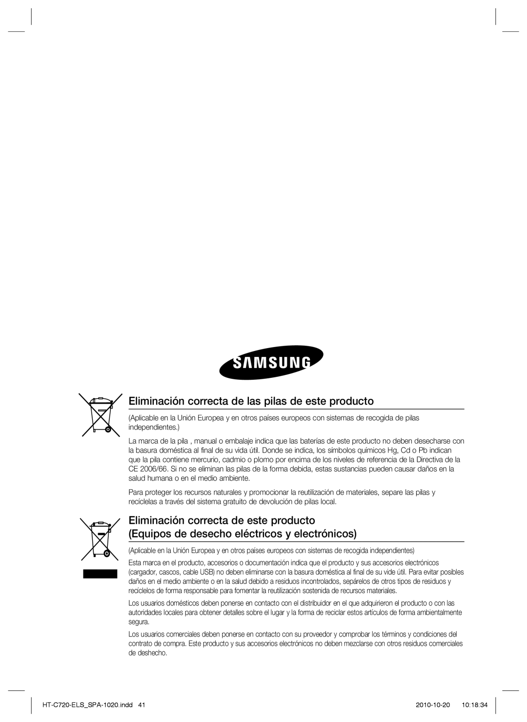 Samsung HT-C720/XEF manual Eliminación correcta de las pilas de este producto 