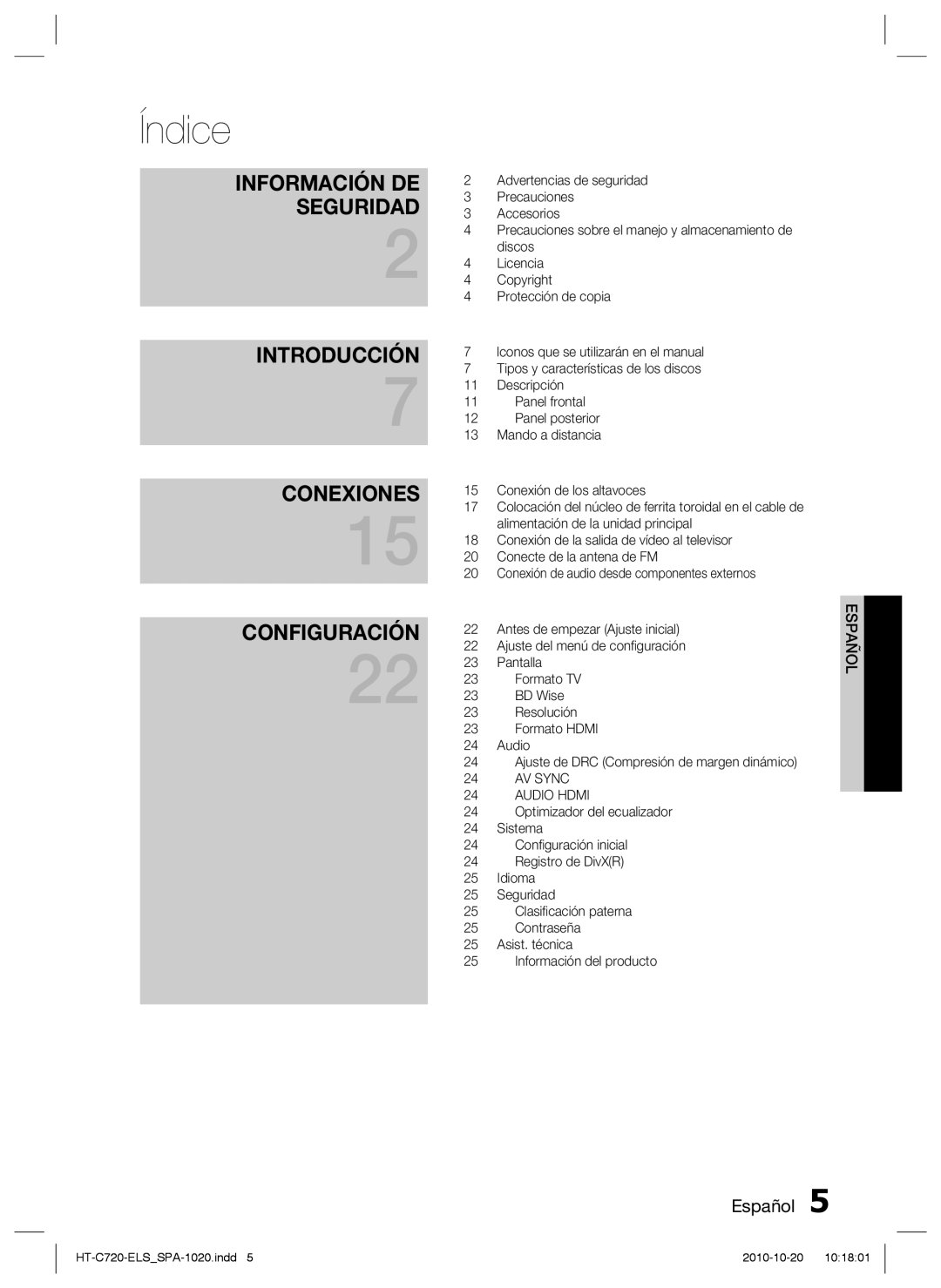 Samsung HT-C720/XEF manual Índice 