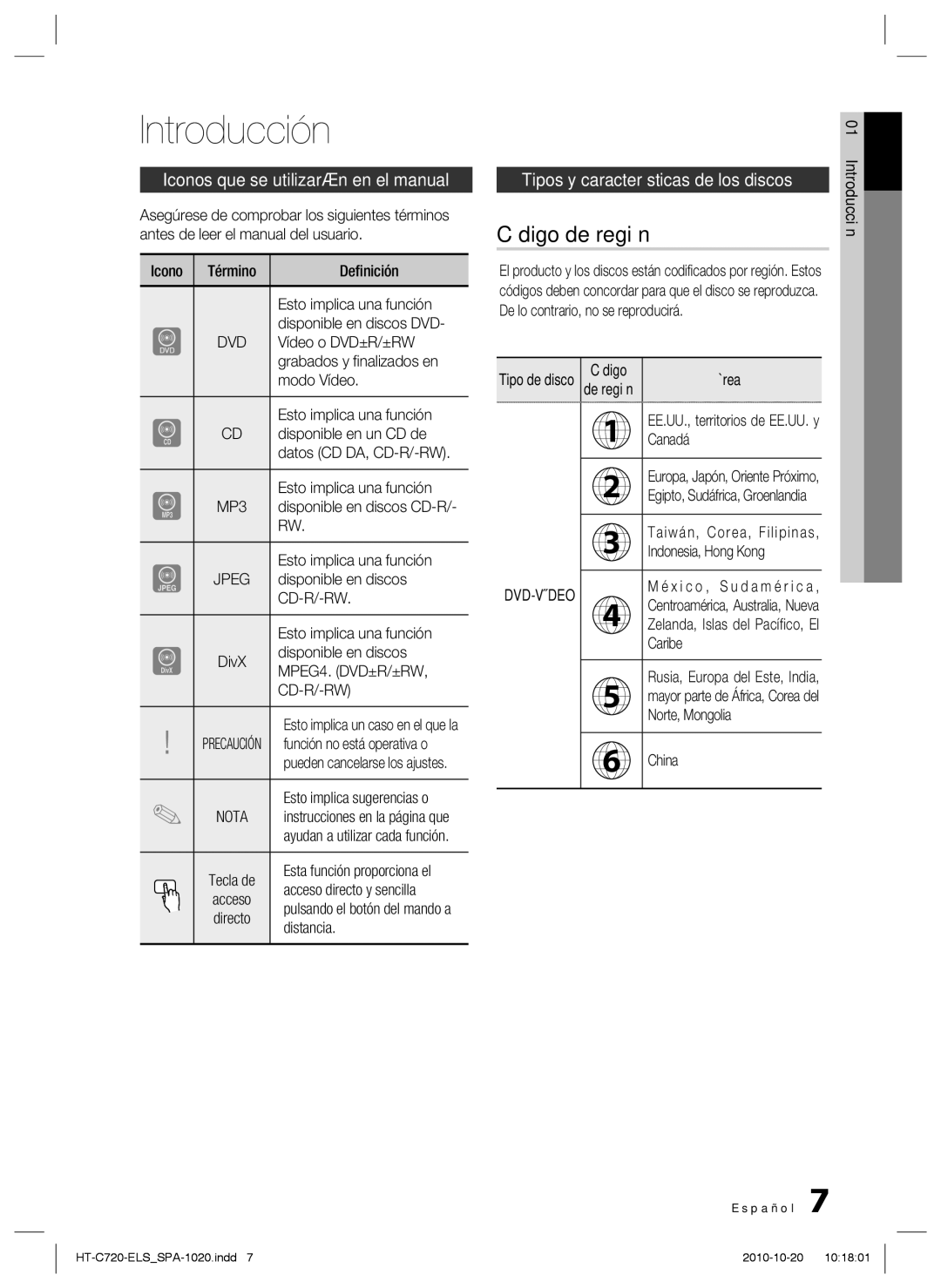 Samsung HT-C720/XEF Introducción, Código de región, Iconos que se utilizarán en el manual 