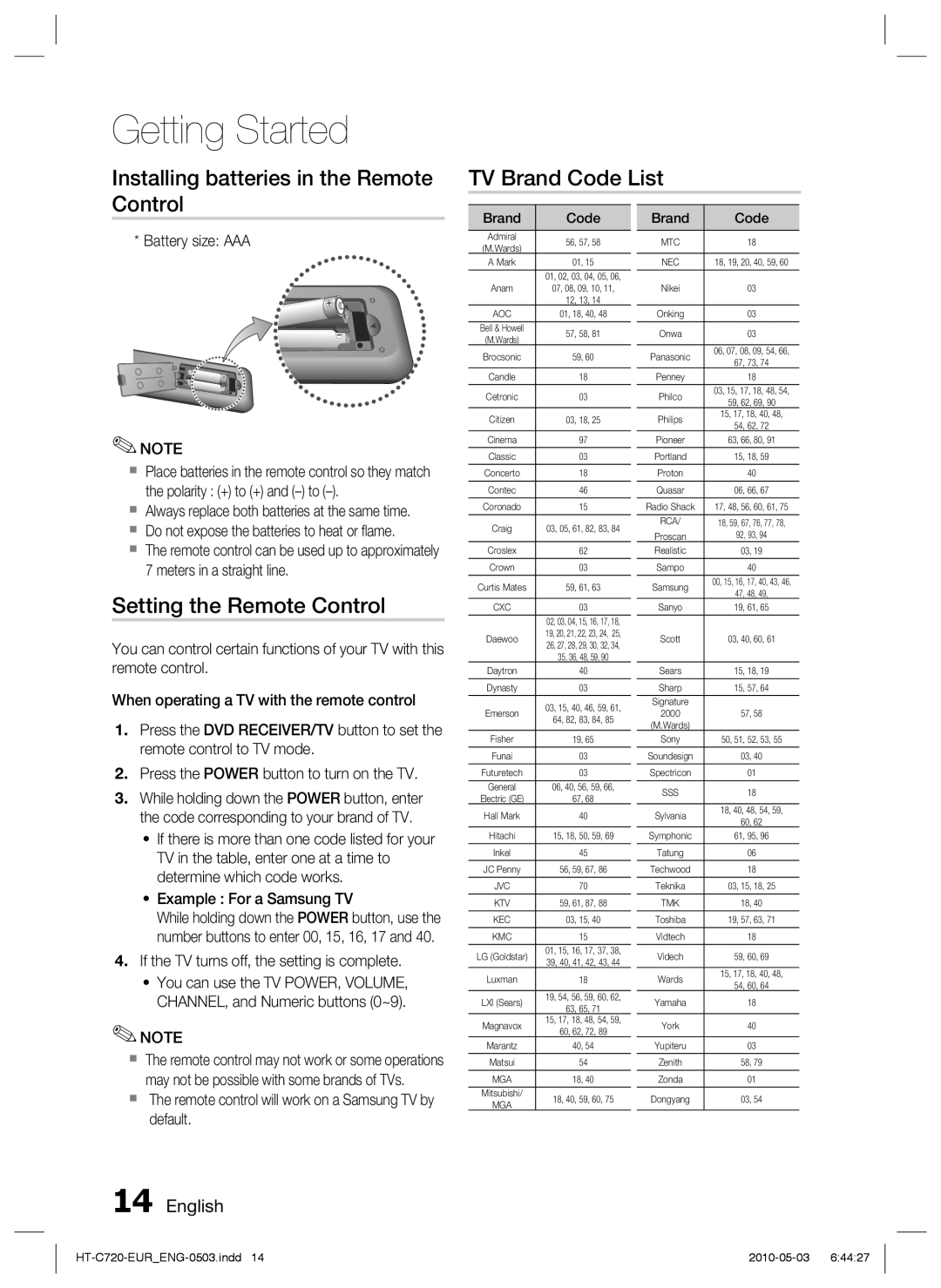 Samsung HT-C720/EDC manual Setting the Remote Control, Battery size AAA, If the TV turns off, the setting is complete 