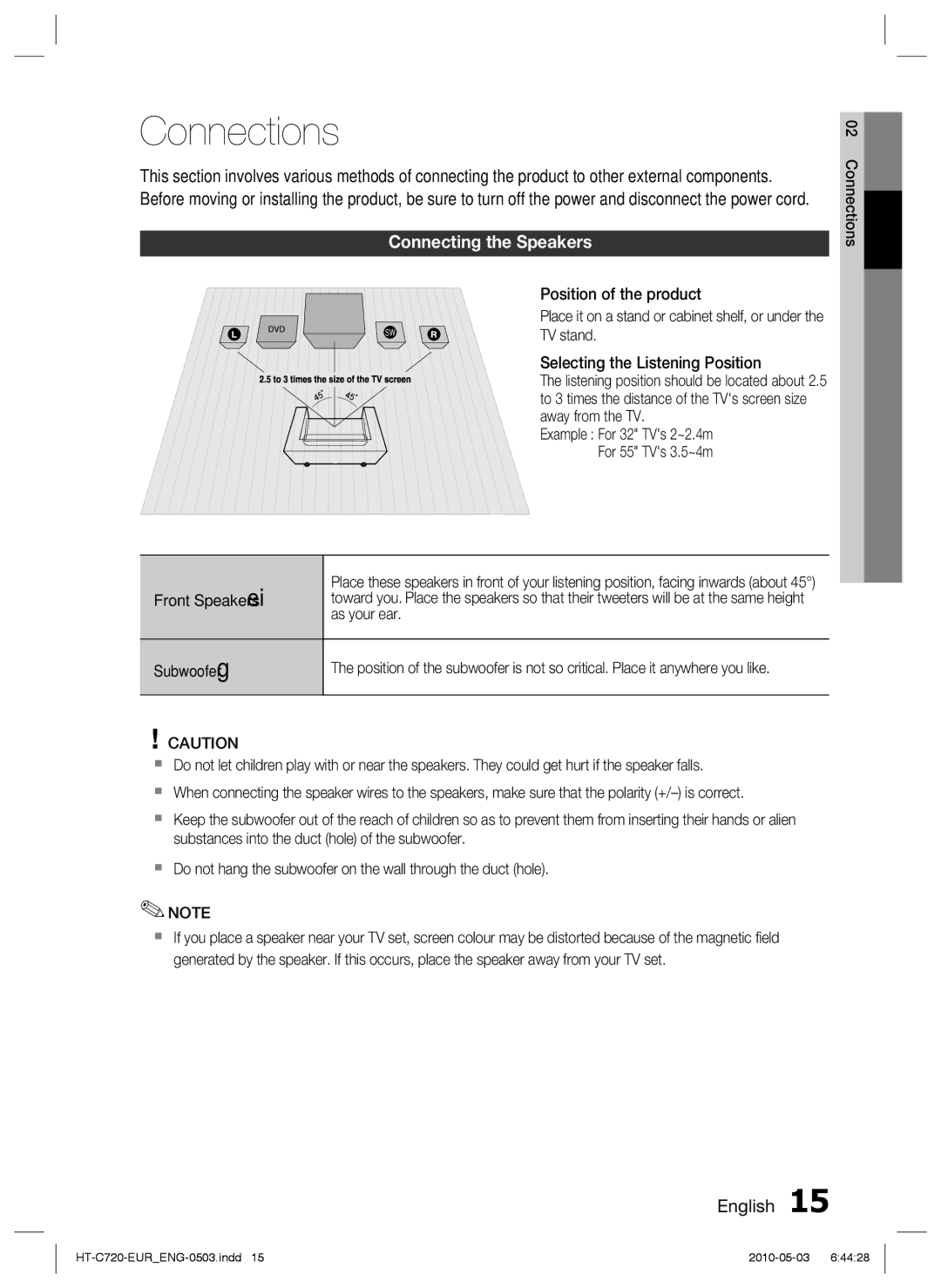 Samsung HT-C720/XEE, HT-C729/XEG, HT-C720/XEF, HT-C720/EDC manual Connections, Connecting the Speakers 