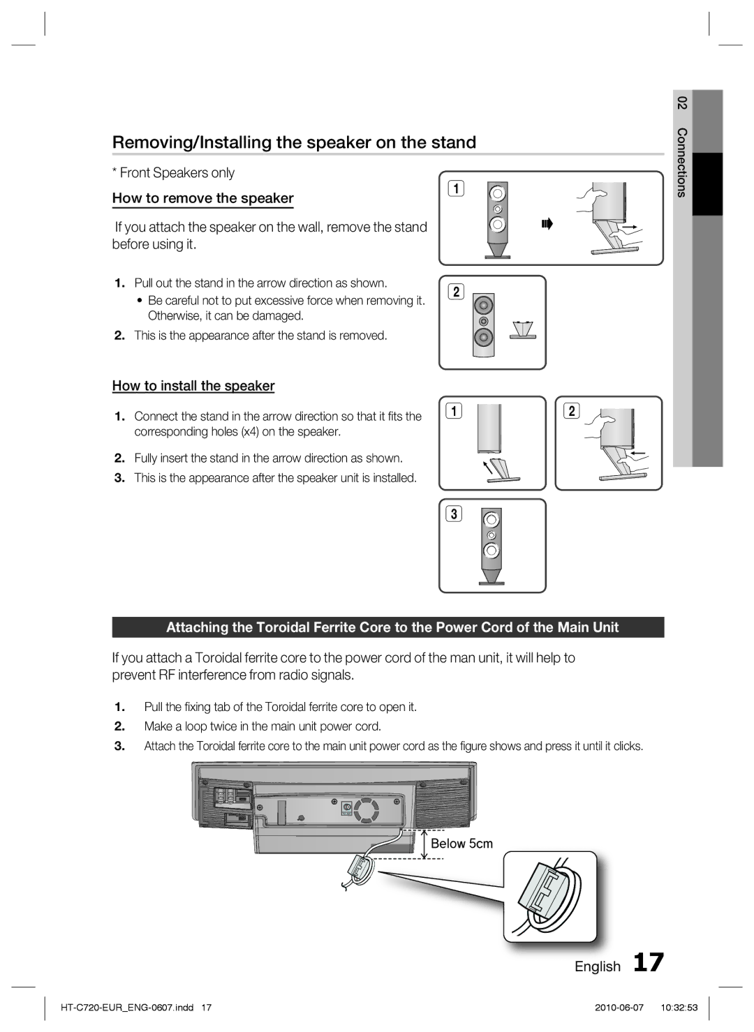 Samsung HT-C720/XEF, HT-C729/XEG manual Removing/Installing the speaker on the stand, How to install the speaker, Below 5cm 