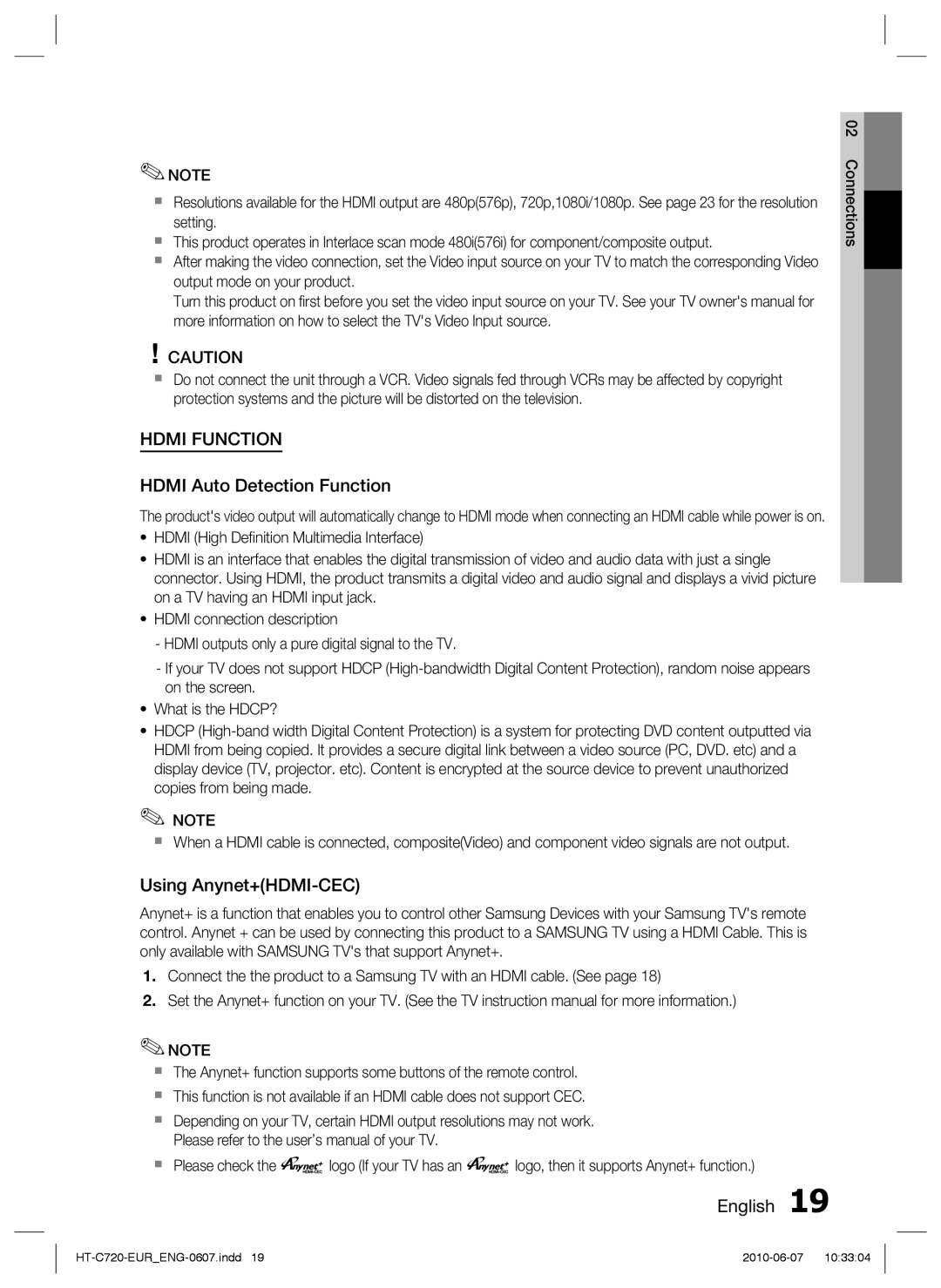 Samsung HT-C720/XEE, HT-C729/XEG, HT-C720/XEF, HT-C720/EDC manual Hdmi Auto Detection Function, Using Anynet+HDMI-CEC 