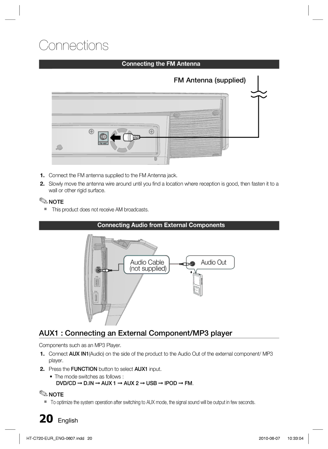 Samsung HT-C729/XEG manual AUX1 Connecting an External Component/MP3 player, FM Antenna supplied, Audio Cable, Not supplied 