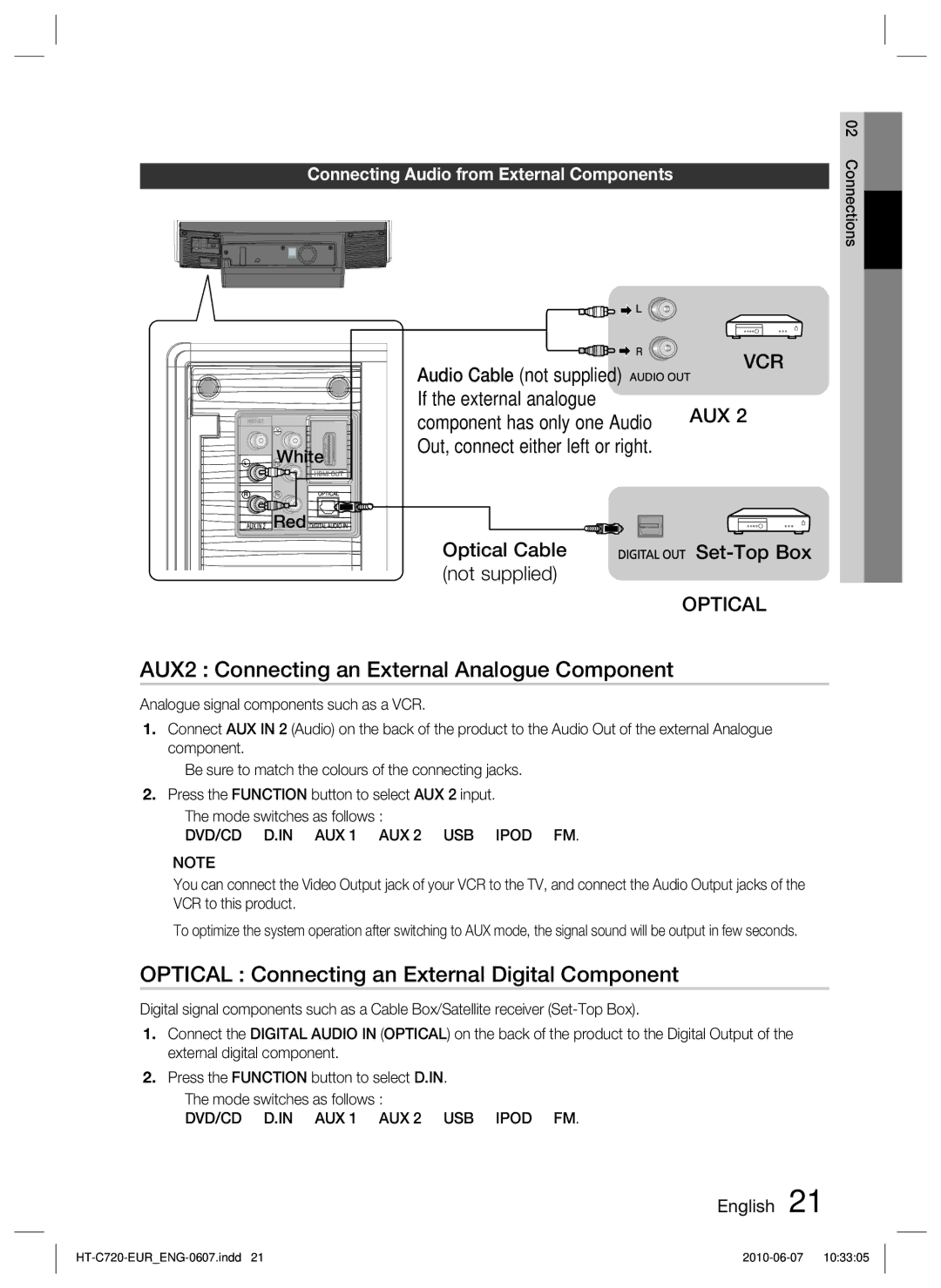 Samsung HT-C720/XEF manual AUX2 Connecting an External Analogue Component, Optical Connecting an External Digital Component 