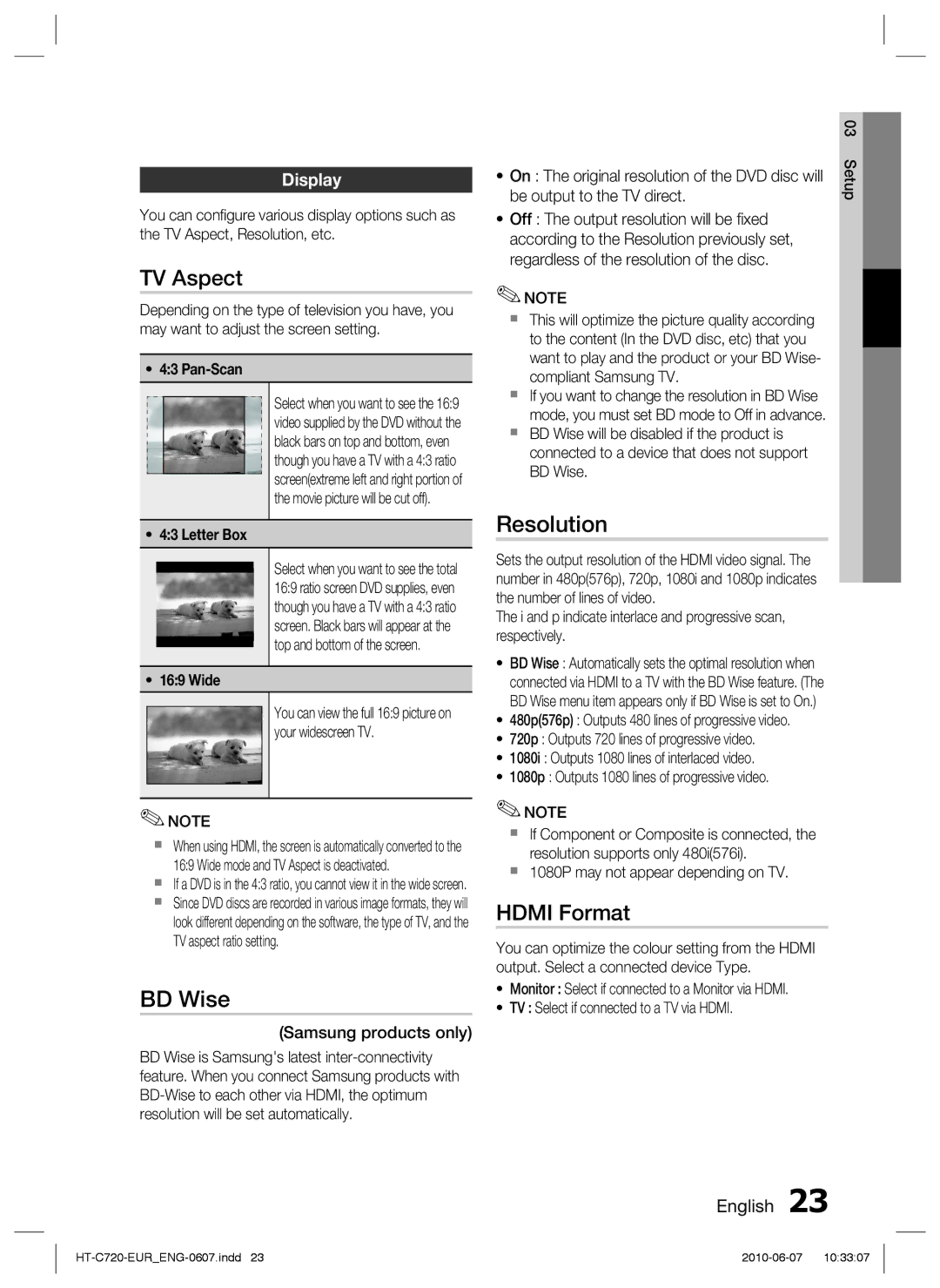 Samsung HT-C720/XEE, HT-C729/XEG, HT-C720/XEF, HT-C720/EDC manual TV Aspect, BD Wise, Resolution, Hdmi Format, Display 