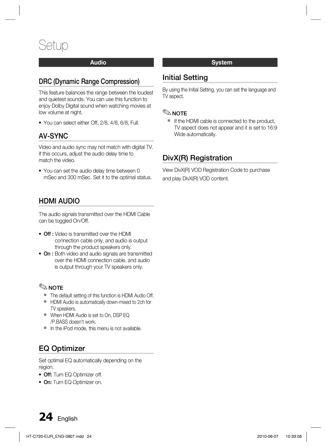 Samsung HT-C729/XEG, HT-C720/XEF, HT-C720/EDC, HT-C720/XEE manual Initial Setting, DivXR Registration, EQ Optimizer, Audio 
