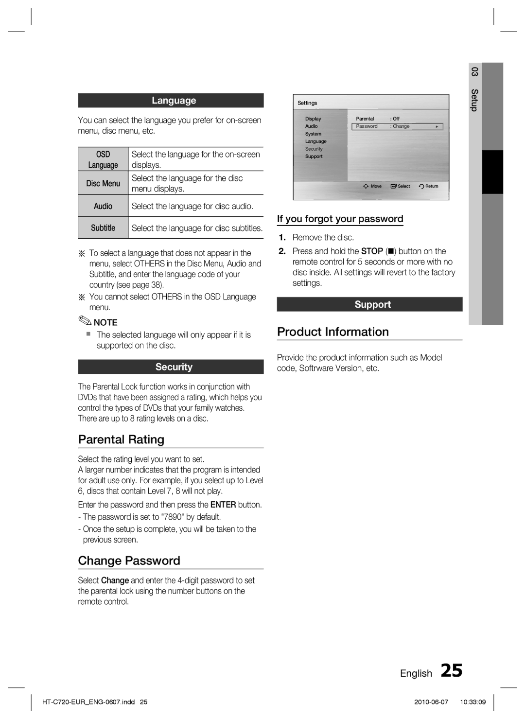 Samsung HT-C720/XEF, HT-C729/XEG, HT-C720/EDC, HT-C720/XEE manual Product Information, Parental Rating, Change Password 