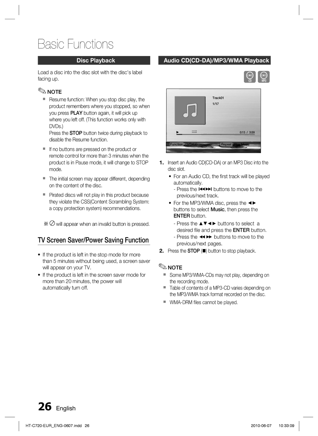 Samsung HT-C720/EDC Basic Functions, TV Screen Saver/Power Saving Function, Disc Playback, Audio CDCD-DA/MP3/WMA Playback 