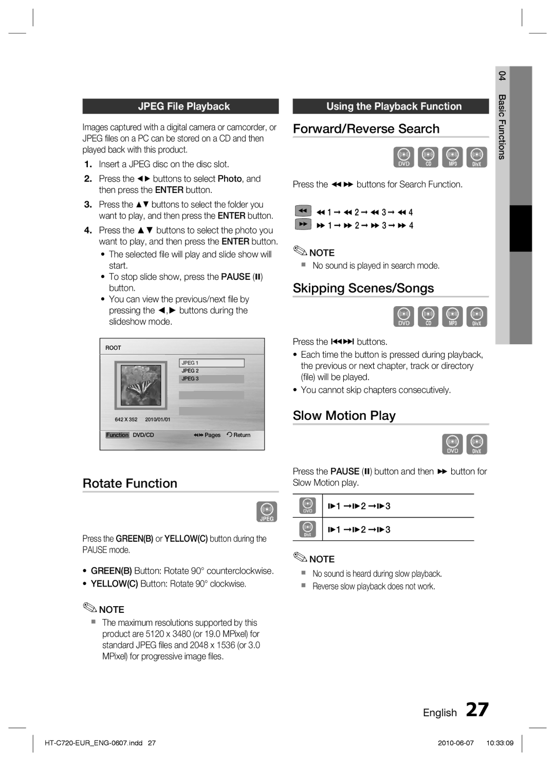 Samsung HT-C720/XEE, HT-C729/XEG manual Rotate Function, Forward/Reverse Search, Skipping Scenes/Songs, Slow Motion Play 