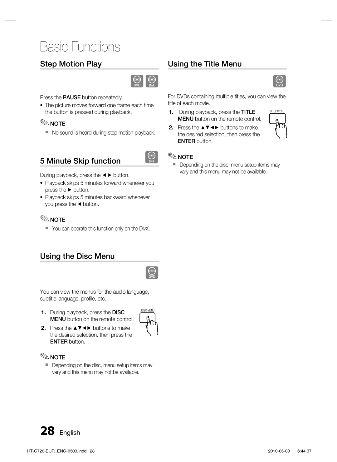 Samsung HT-C729/XEG, HT-C720/XEF manual Step Motion Play, Minute Skip function, Using the Title Menu, Using the Disc Menu 