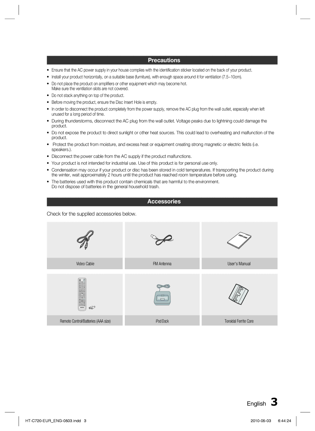 Samsung HT-C720/XEE, HT-C729/XEG, HT-C720/XEF manual Precautions, Accessories, Check for the supplied accessories below 