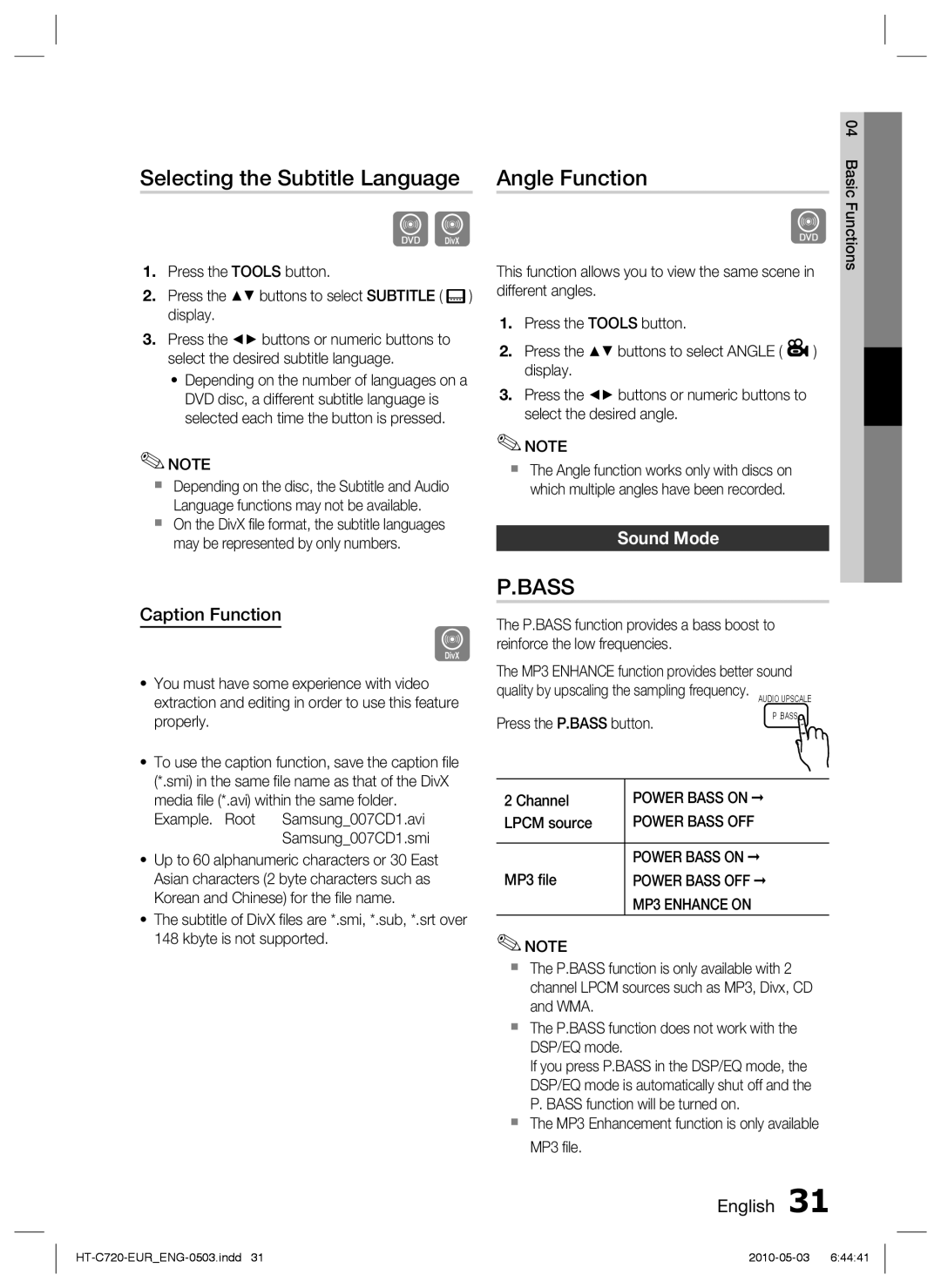 Samsung HT-C720/XEE, HT-C729/XEG, HT-C720/XEF Selecting the Subtitle Language, Angle Function, Sound Mode, Caption Function 