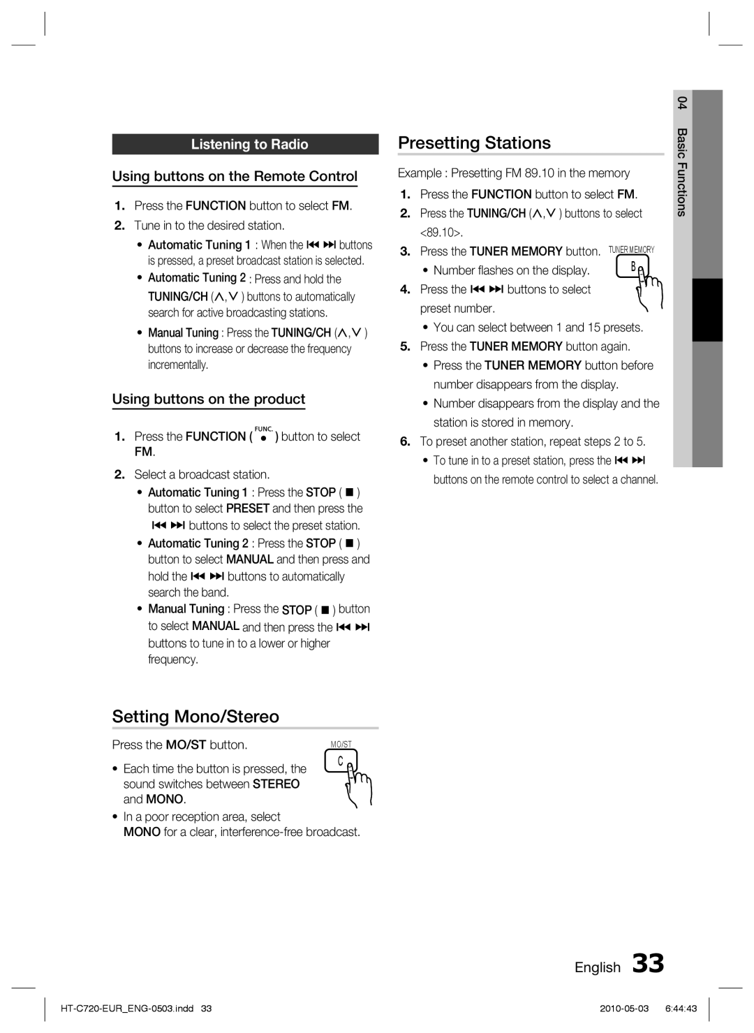 Samsung HT-C720/XEF Setting Mono/Stereo, Presetting Stations, Listening to Radio, Using buttons on the Remote Control 