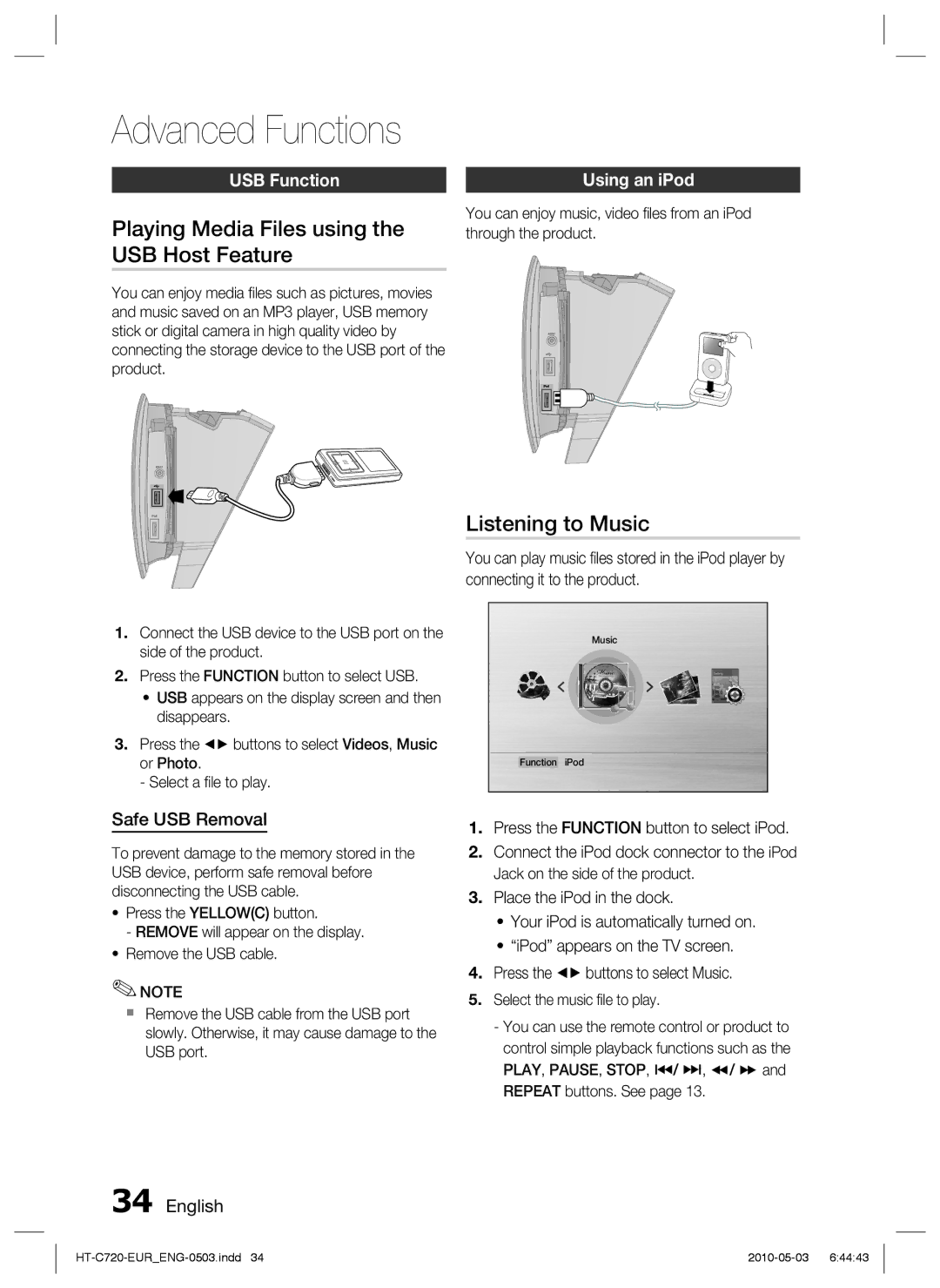 Samsung HT-C720/EDC Playing Media Files using the USB Host Feature, Listening to Music, USB Function, Safe USB Removal 