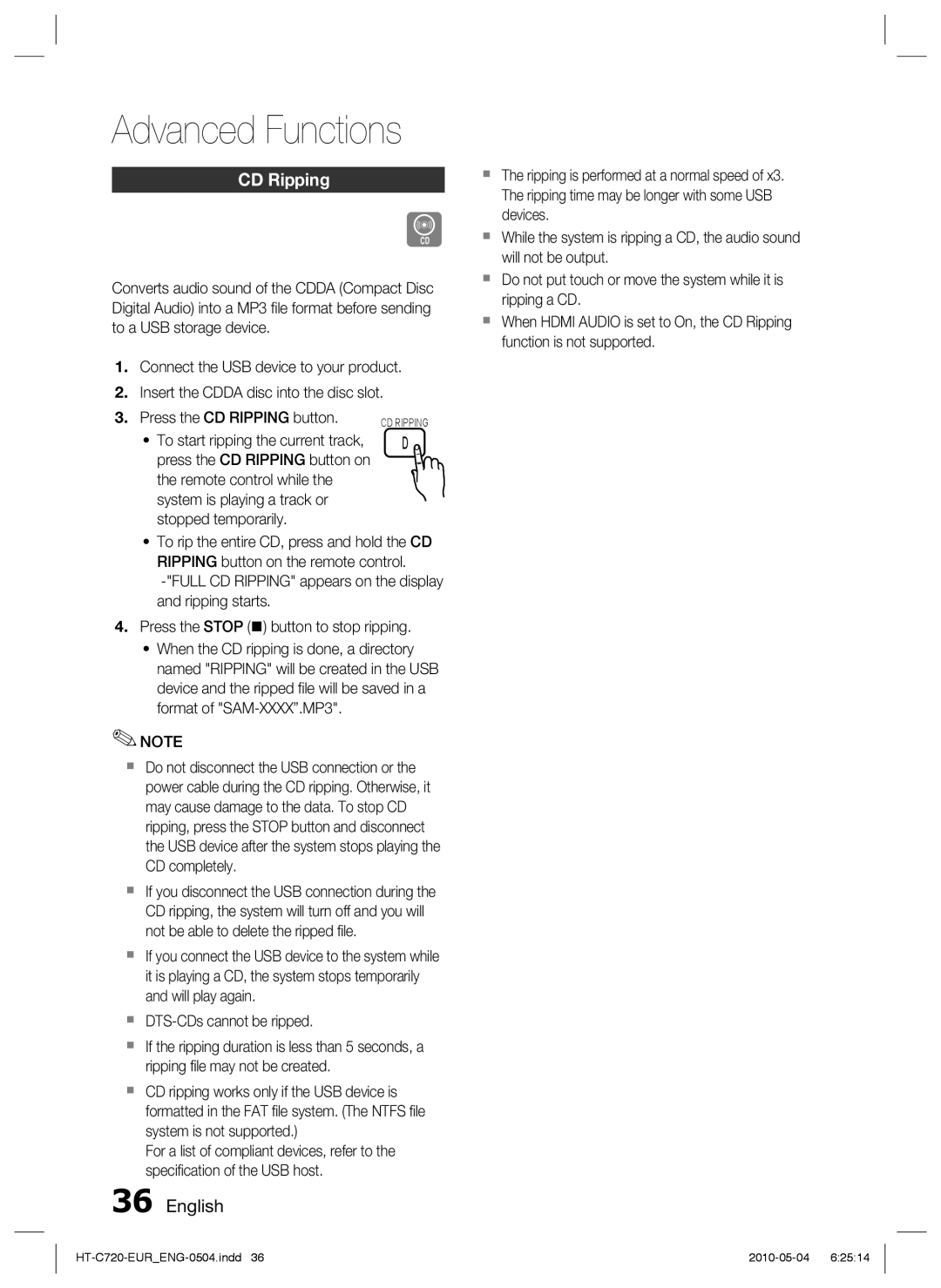 Samsung HT-C729/XEG, HT-C720/XEF, HT-C720/EDC, HT-C720/XEE manual Advanced Functions, CD Ripping,  DTS-CDs cannot be ripped 