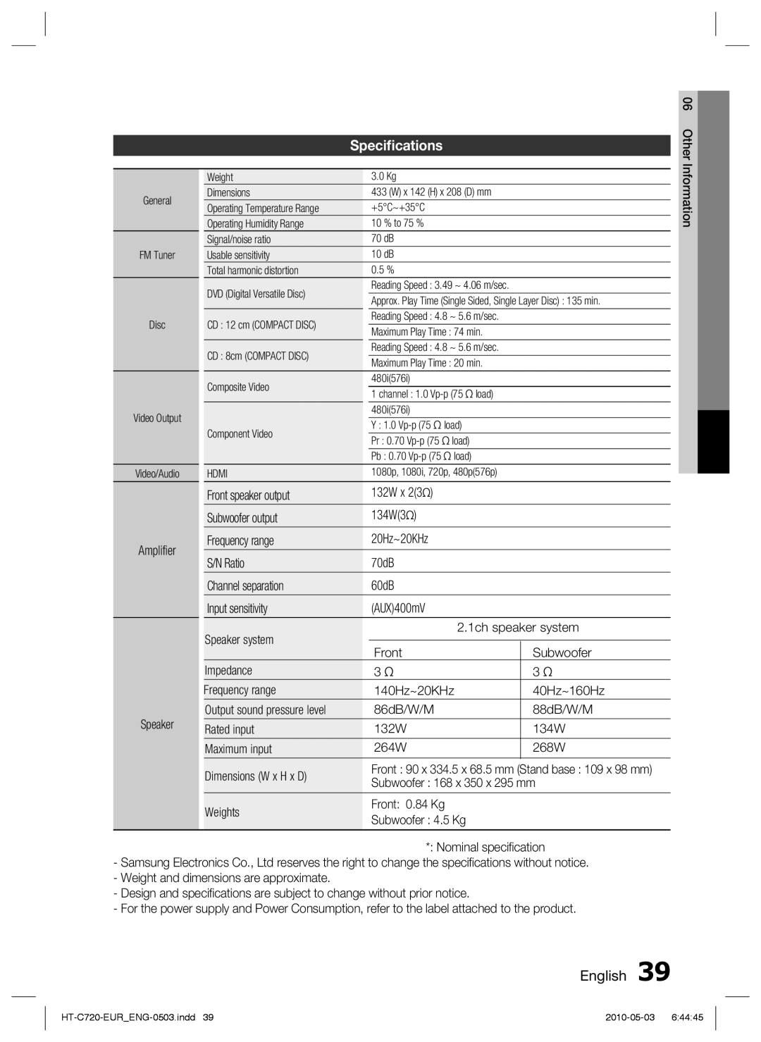 Samsung HT-C720/XEE manual Front speaker output, Subwoofer output 134W3, Frequency range, Subwoofer 168 x 350 x 295 mm 