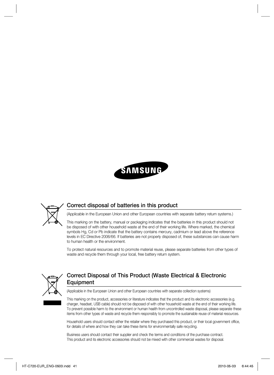 Samsung HT-C720/XEF, HT-C729/XEG, HT-C720/EDC, HT-C720/XEE manual Correct disposal of batteries in this product 